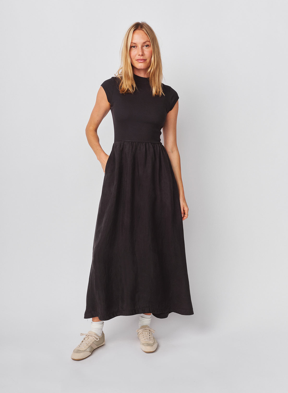 Sundry Cap Sleeve Mixed Rib / Cupro Dress in Washed Black