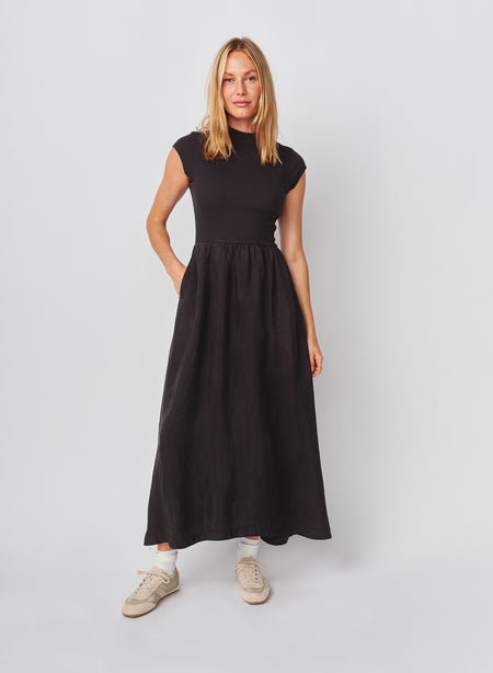 Sundry Cap Sleeve Mixed Rib / Cupro Dress in Washed Black