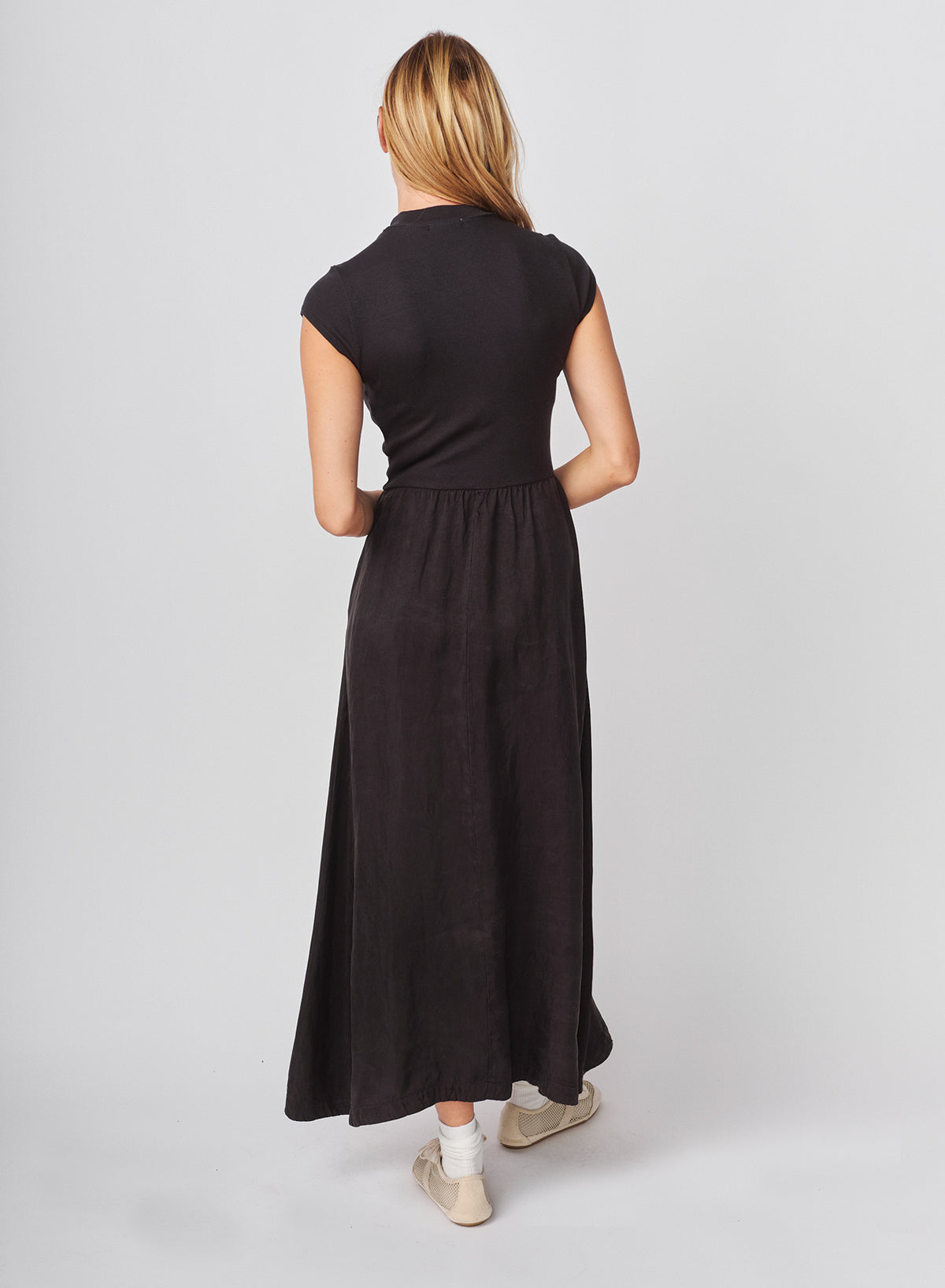 Sundry Cap Sleeve Mixed Rib / Cupro Dress in Washed Black