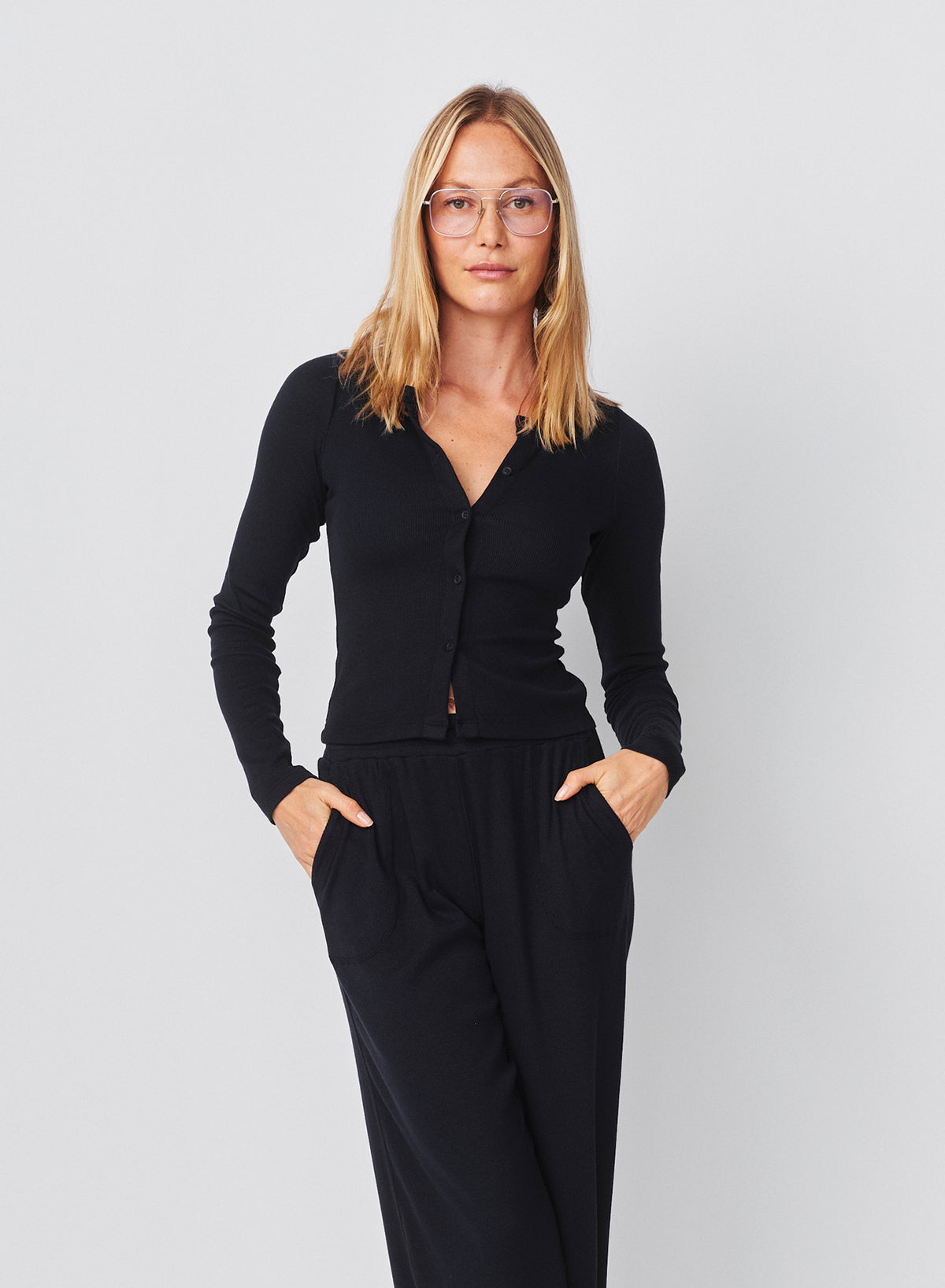 Sundry Long Sleeve Button Down Top in Deep Navy