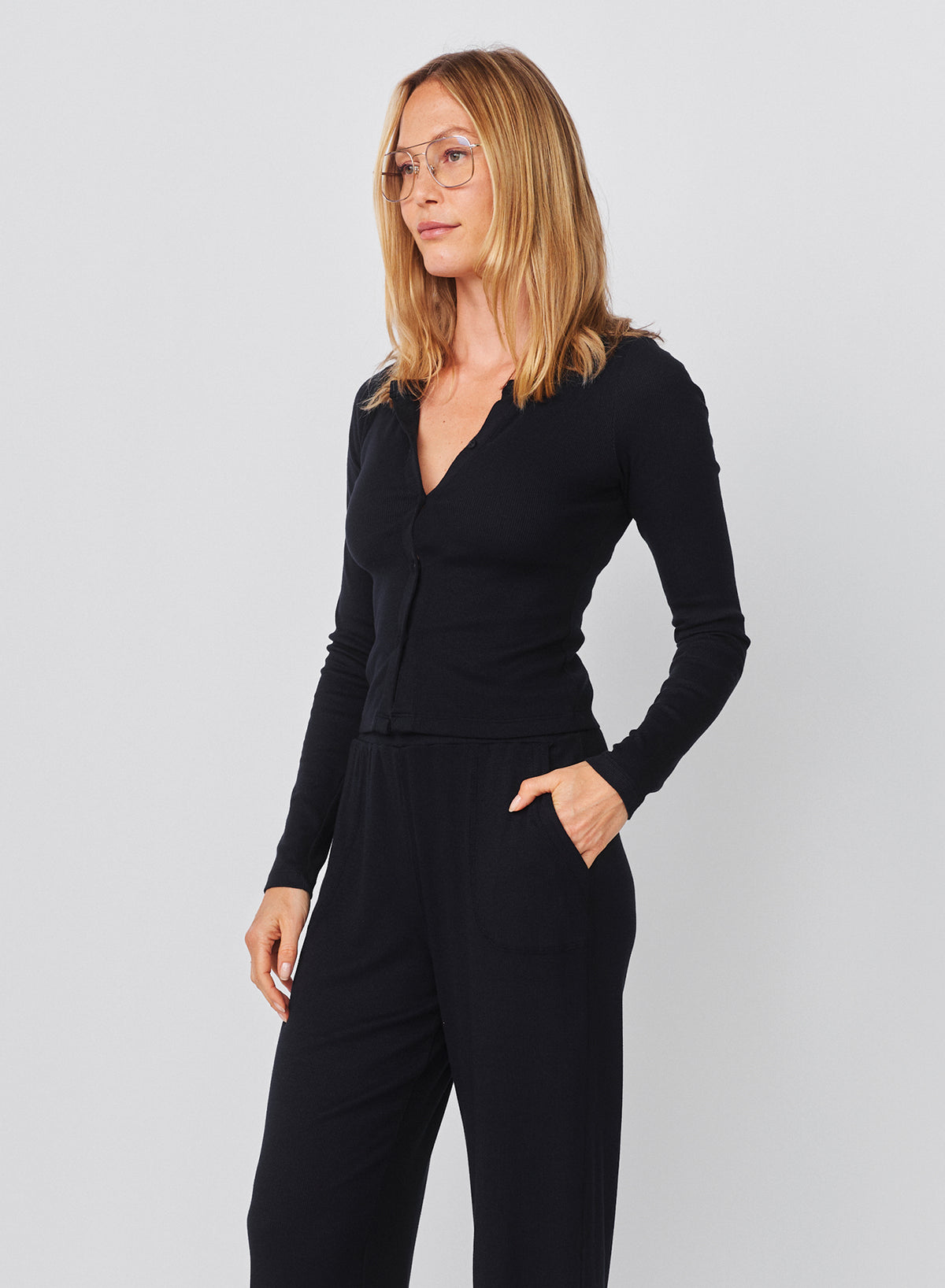 Sundry Long Sleeve Button Down Top in Deep Navy