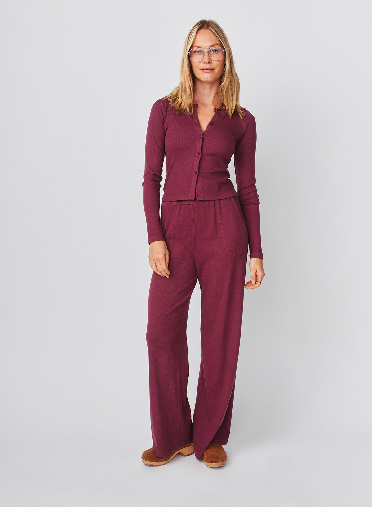 Sundry Long Sleeve Button Down Top in Mulled Wine