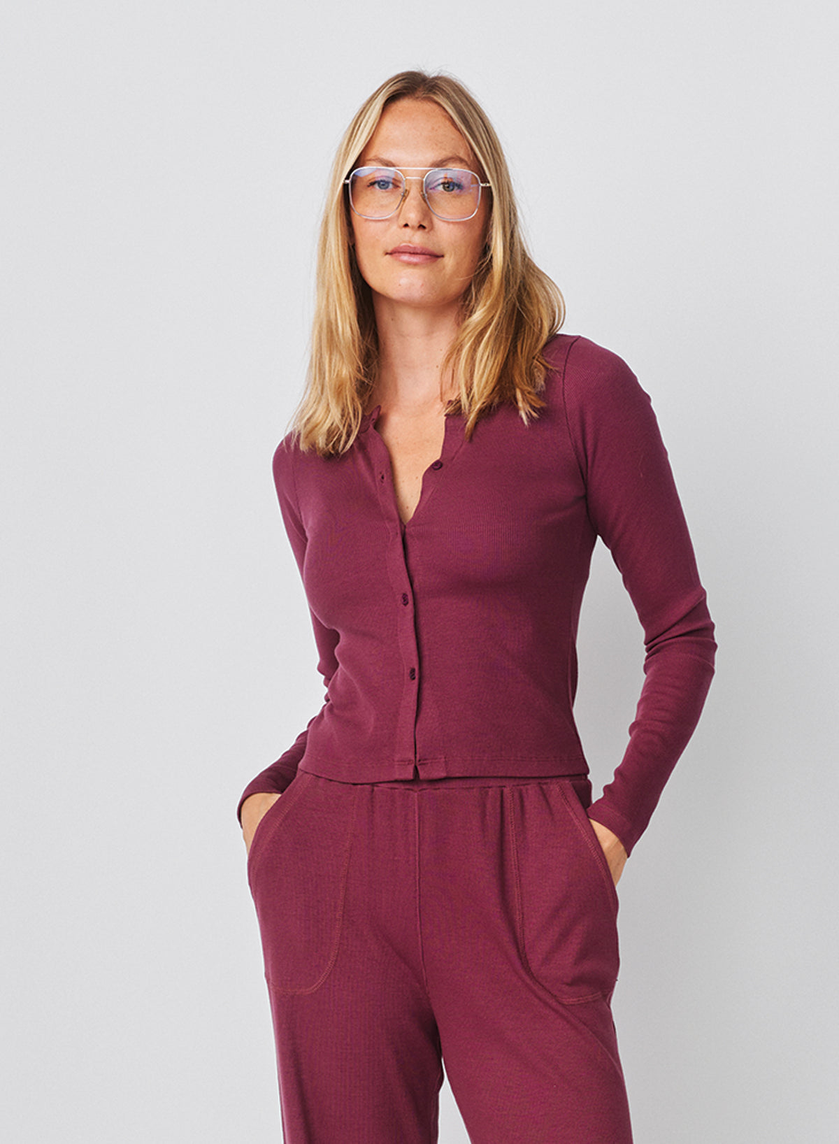 Sundry Long Sleeve Button Down Top in Mulled Wine