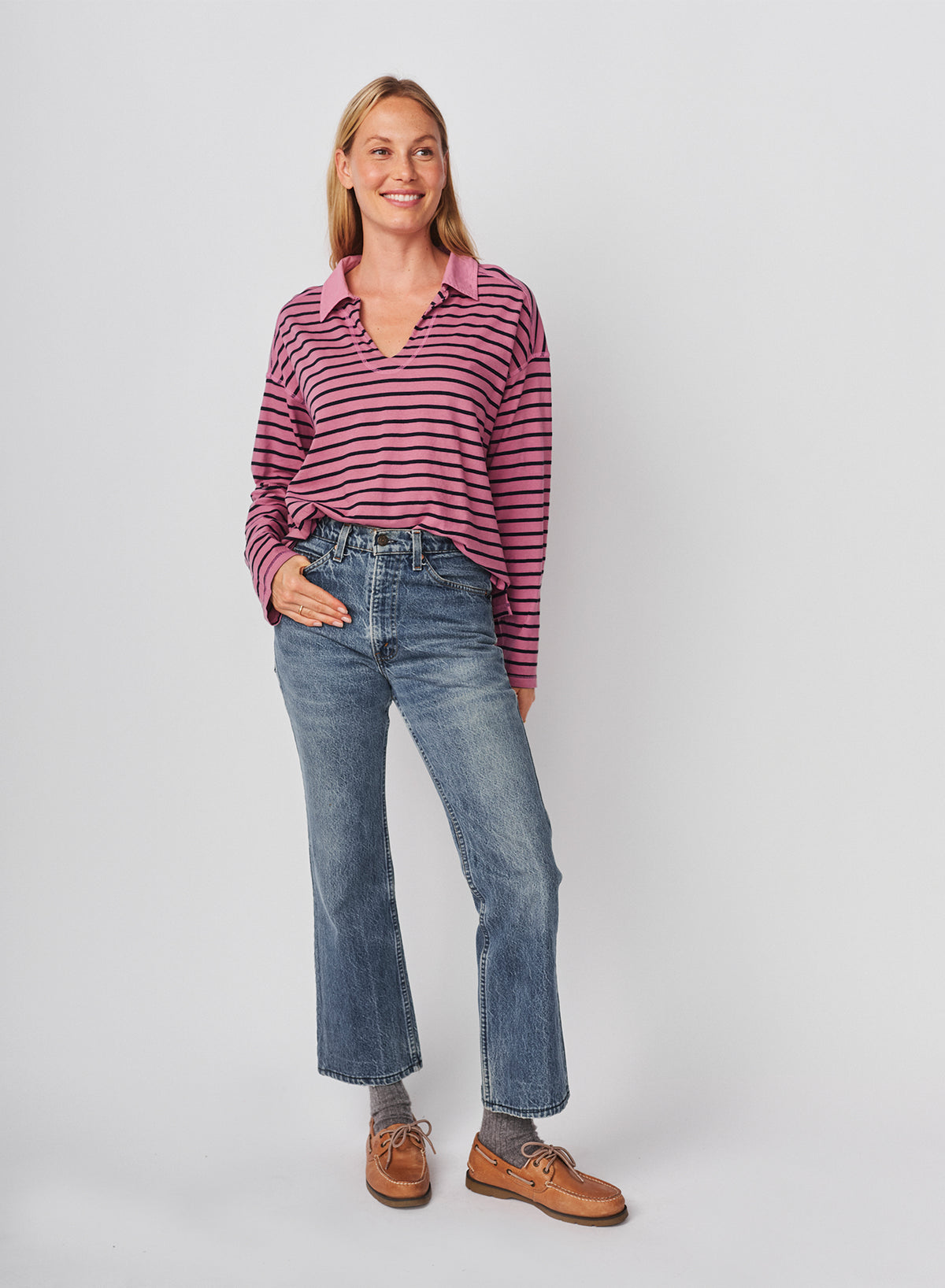 Sundry Popover Polo Boyfriend Long Sleeve Top in Mauve