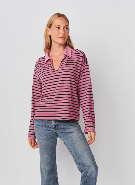 Sundry Popover Polo Boyfriend Long Sleeve Top in Mauve