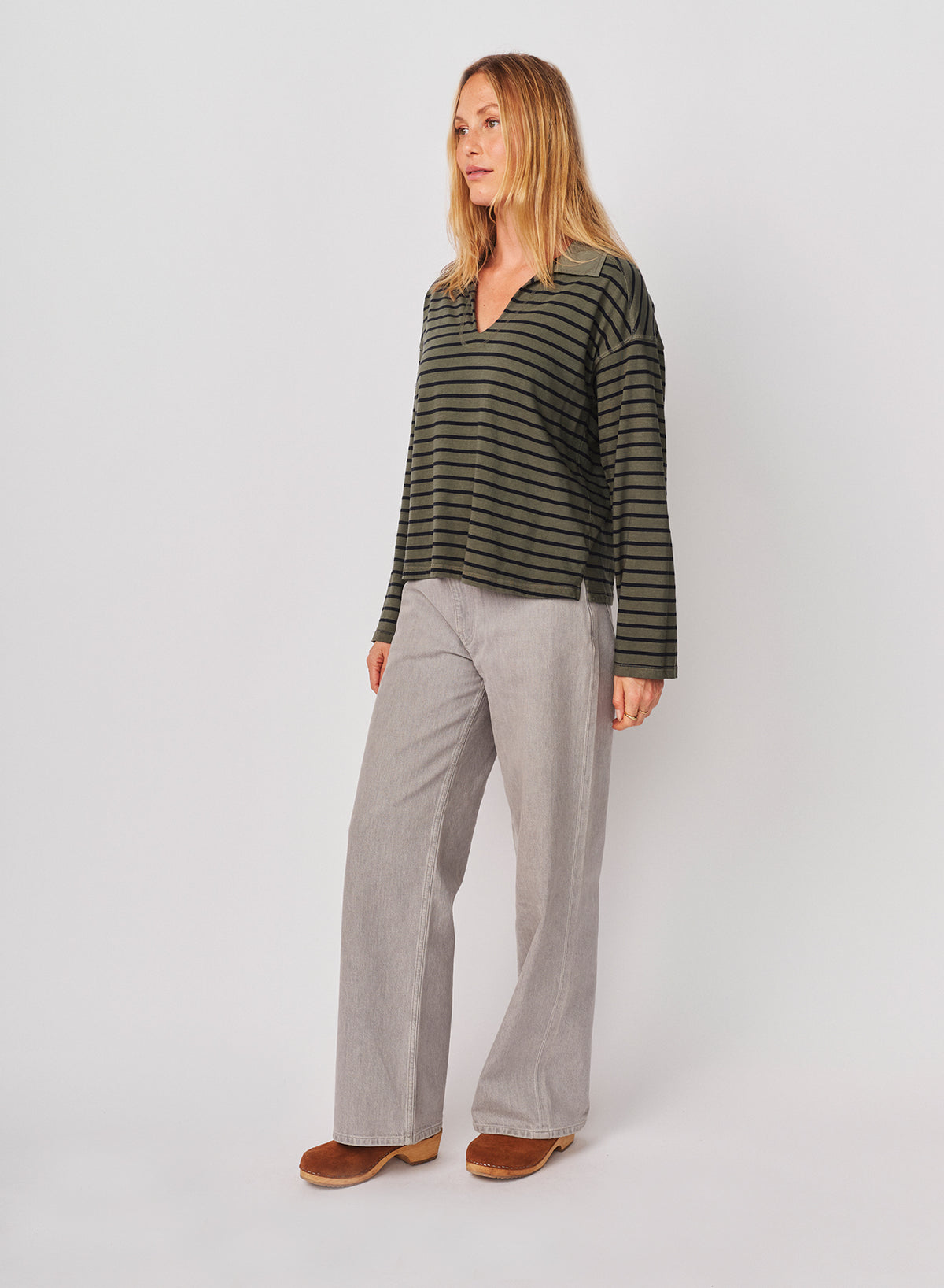 Sundry Popover Polo Boyfriend Long Sleeve Top in Signature Green