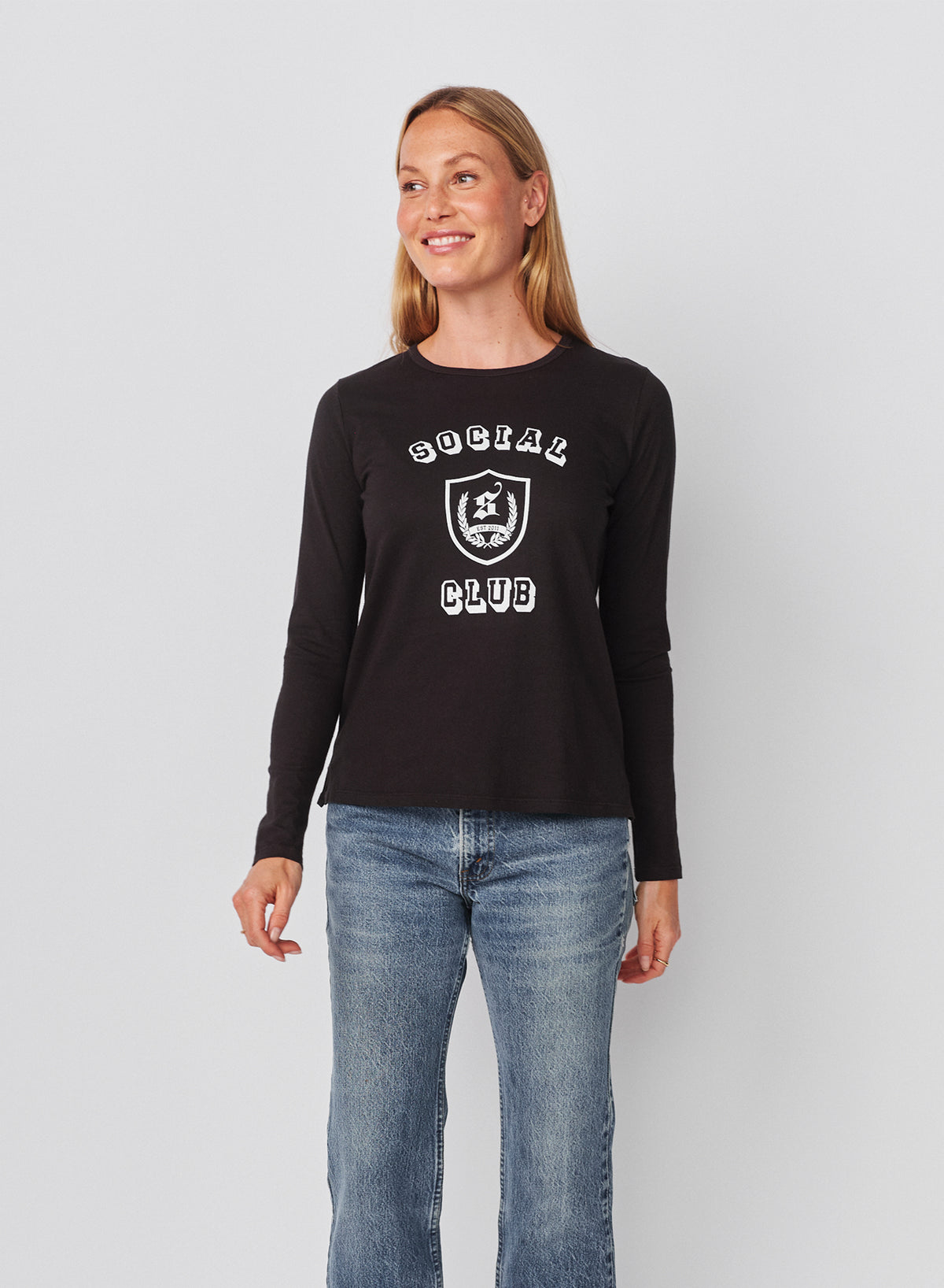Sundry Social Club Long Sleeve Crew in Washed Black