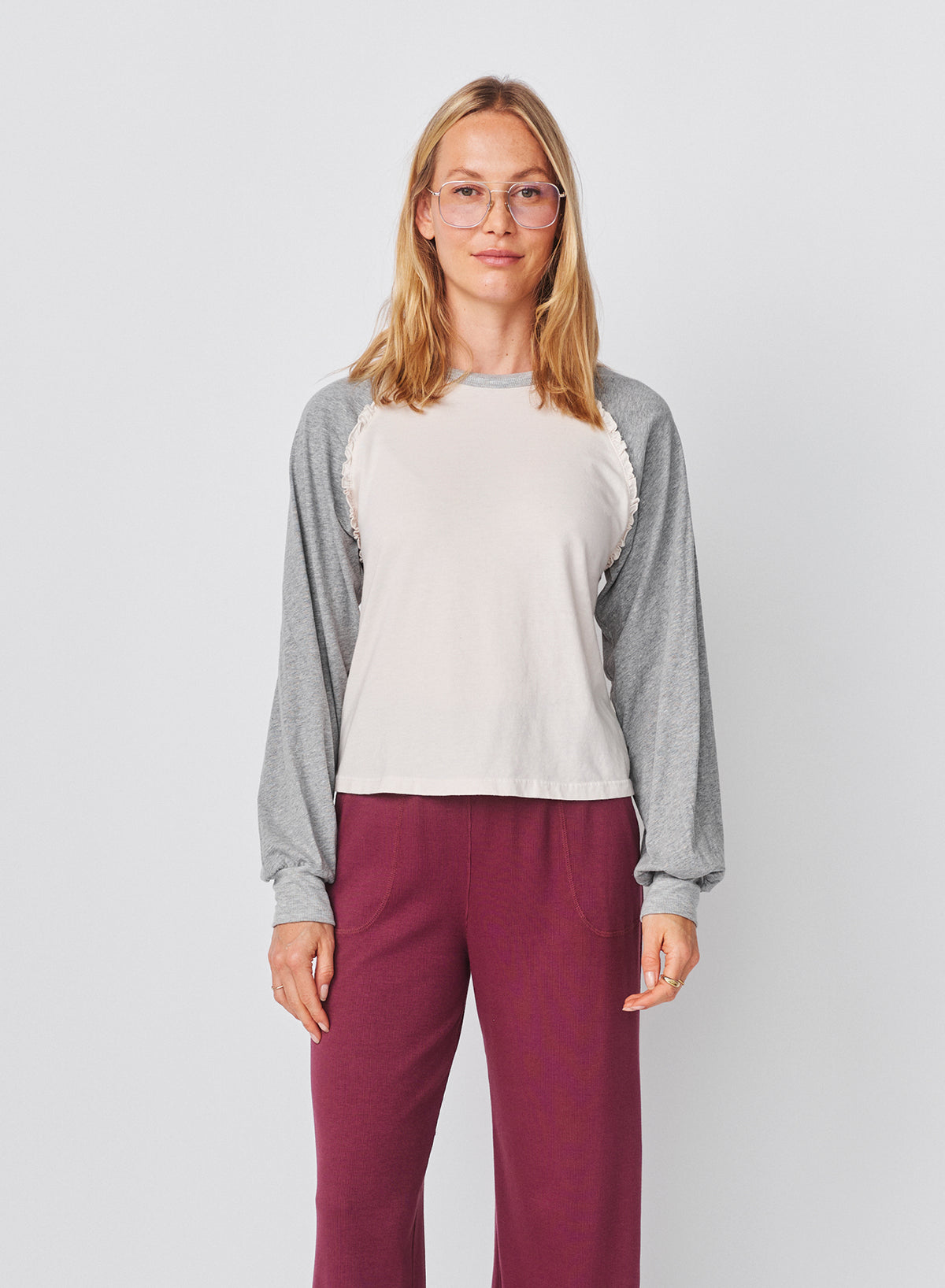 Sundy Ruffle Baseball Tee in Oyster