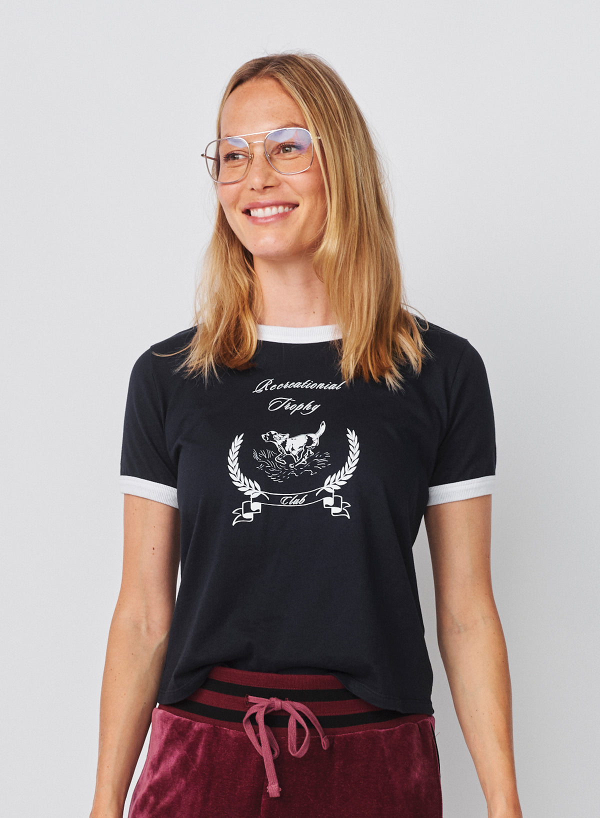 Sundry Trophy Club Ringer Boxy Crew Tee in Deep Navy