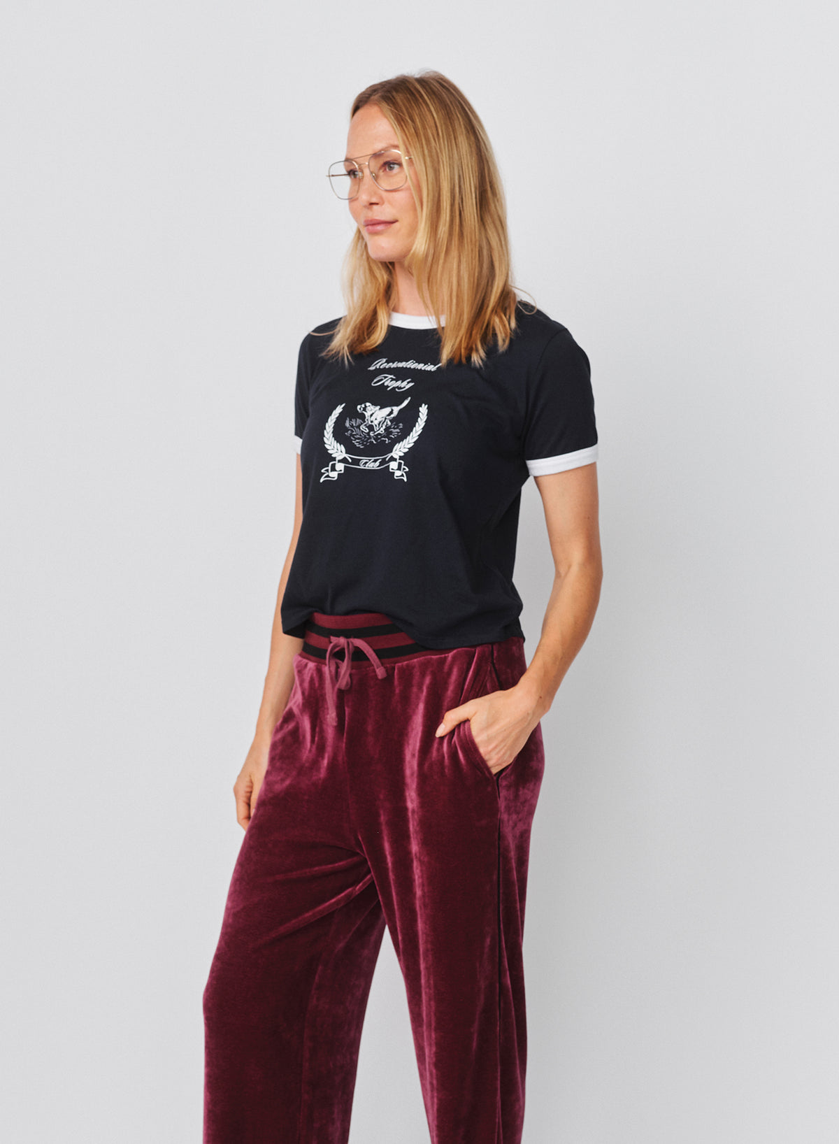 Sundry Trophy Club Ringer Boxy Crew Tee in Deep Navy