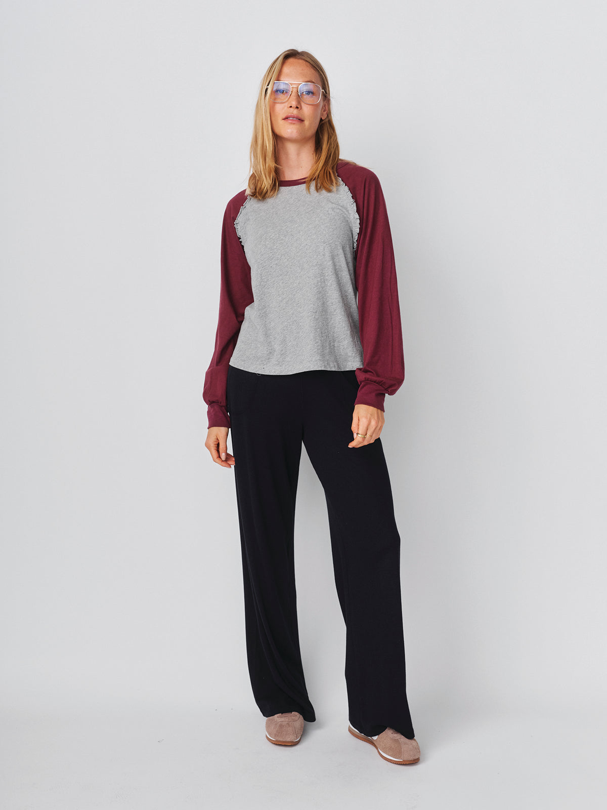 Sundy Ruffle Baseball Tee in Heather Grey