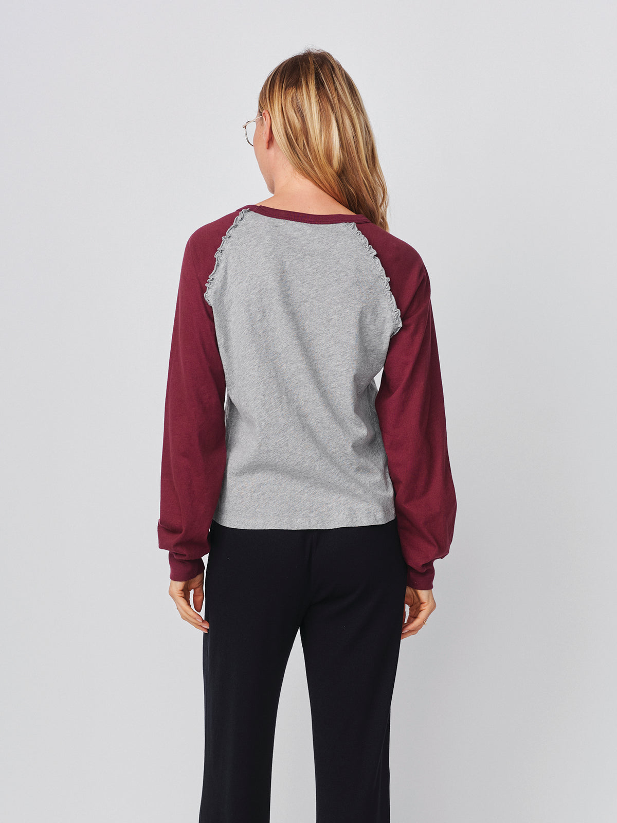 Sundy Ruffle Baseball Tee in Heather Grey