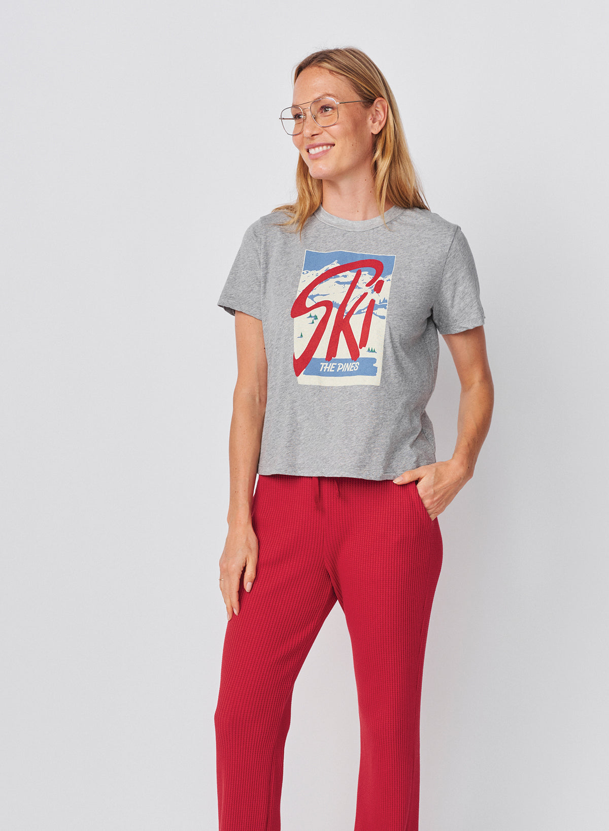 Sundry Ski The Pines Short Sleeve Boxy Crew Tee in Heather Grey