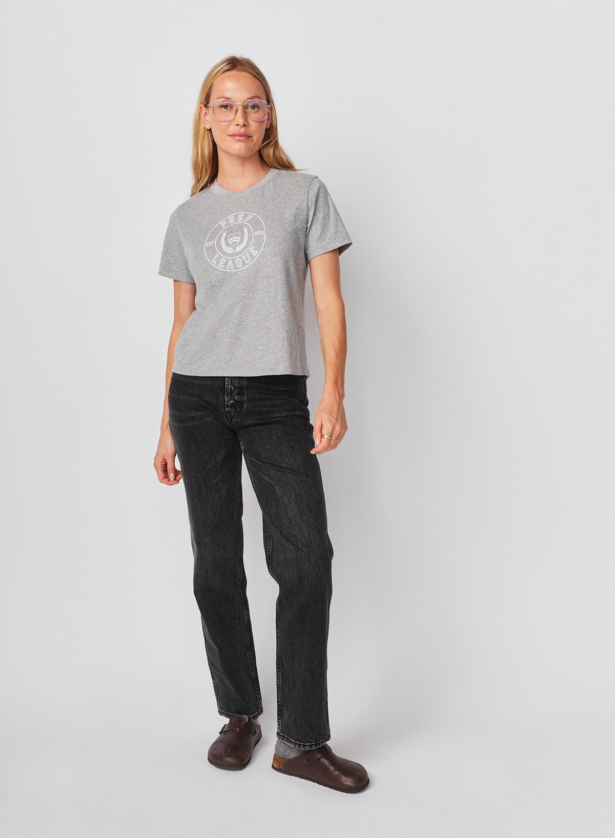 Sundry Prep League Short Sleeve Boxy Crew Tee in Heather Grey