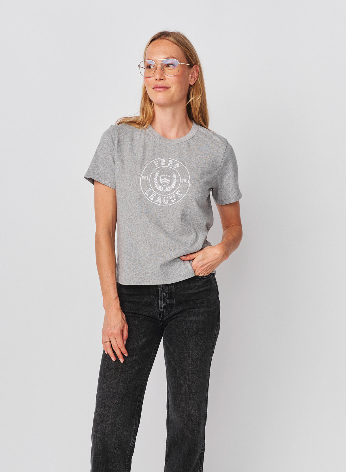 Sundry Prep League Short Sleeve Boxy Crew Tee in Heather Grey