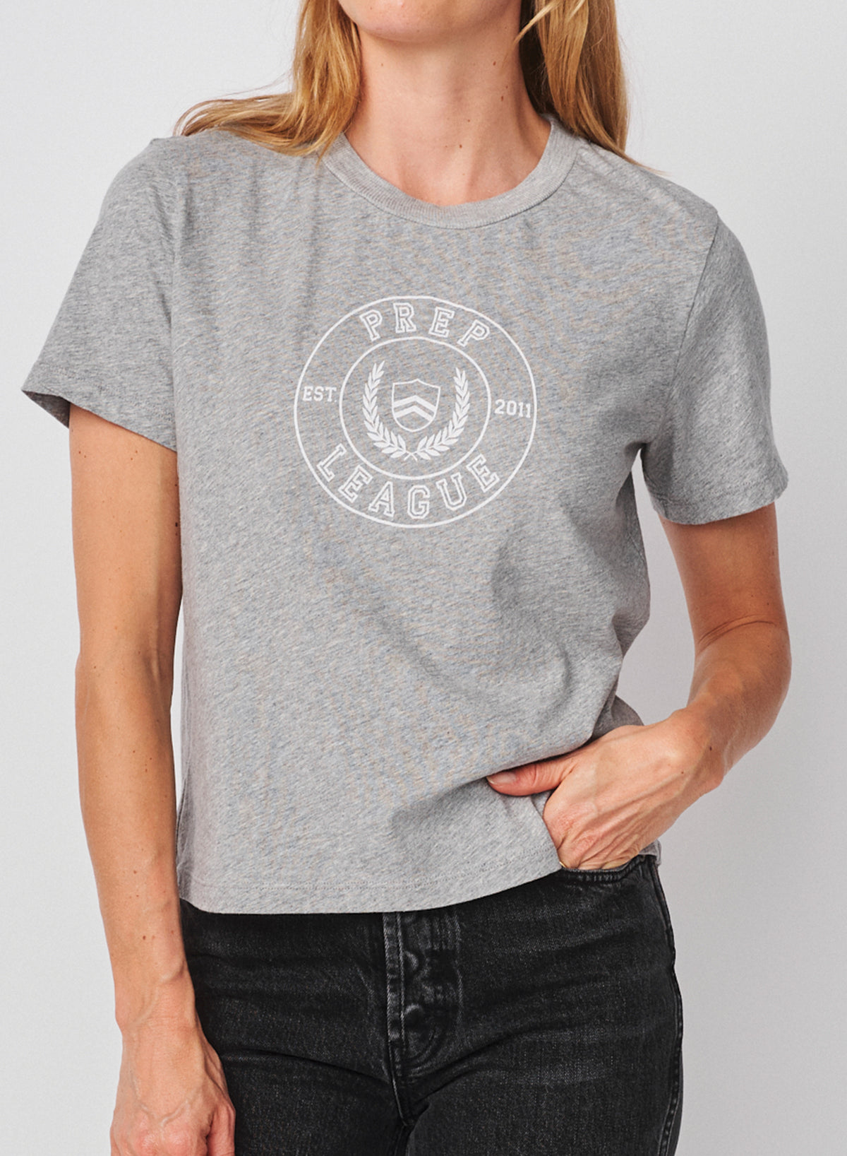 Sundry Prep League Short Sleeve Boxy Crew Tee in Heather Grey