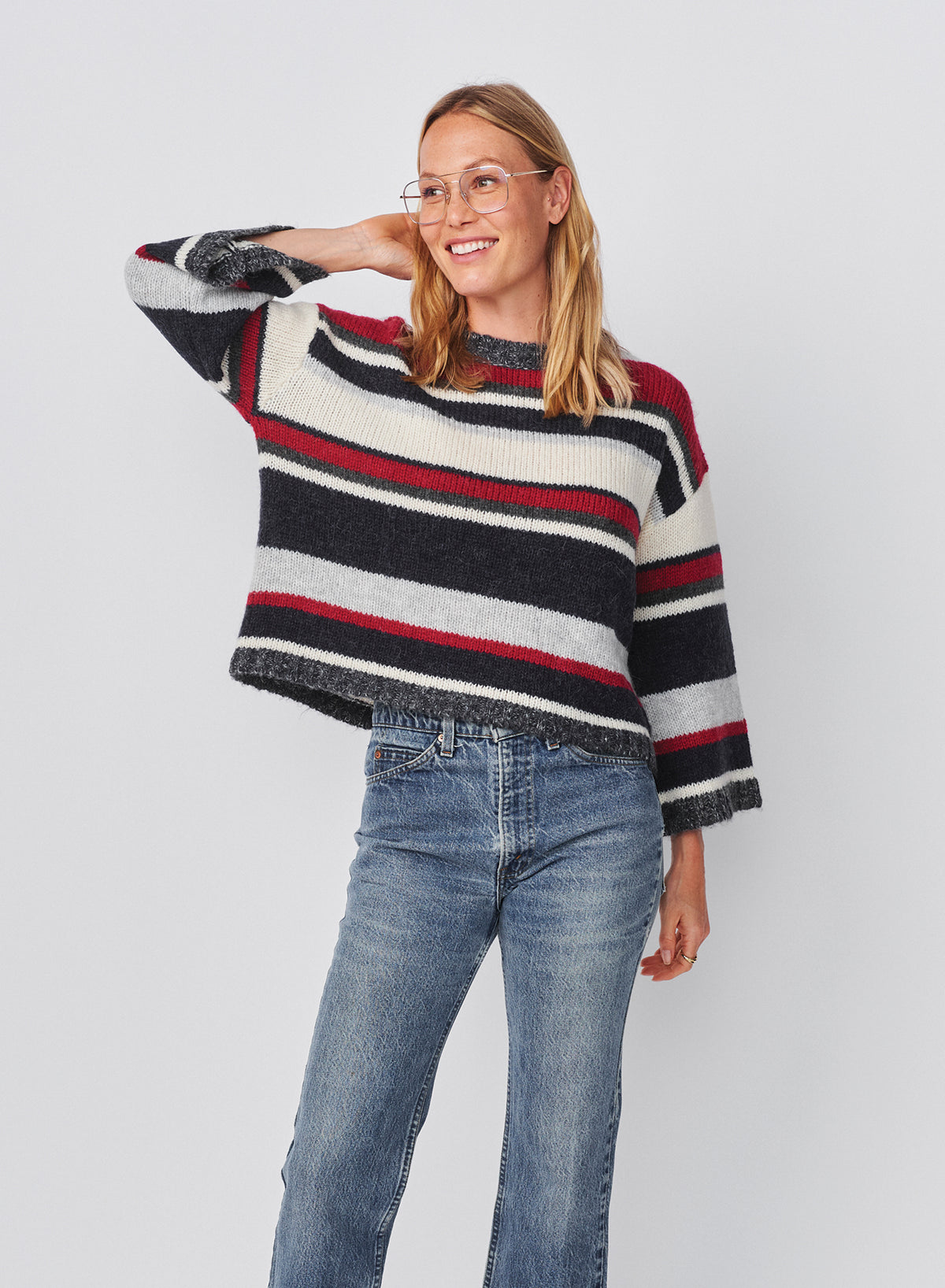 Sundry Multi Stripe Bell Sleeve Sweater in Oyster