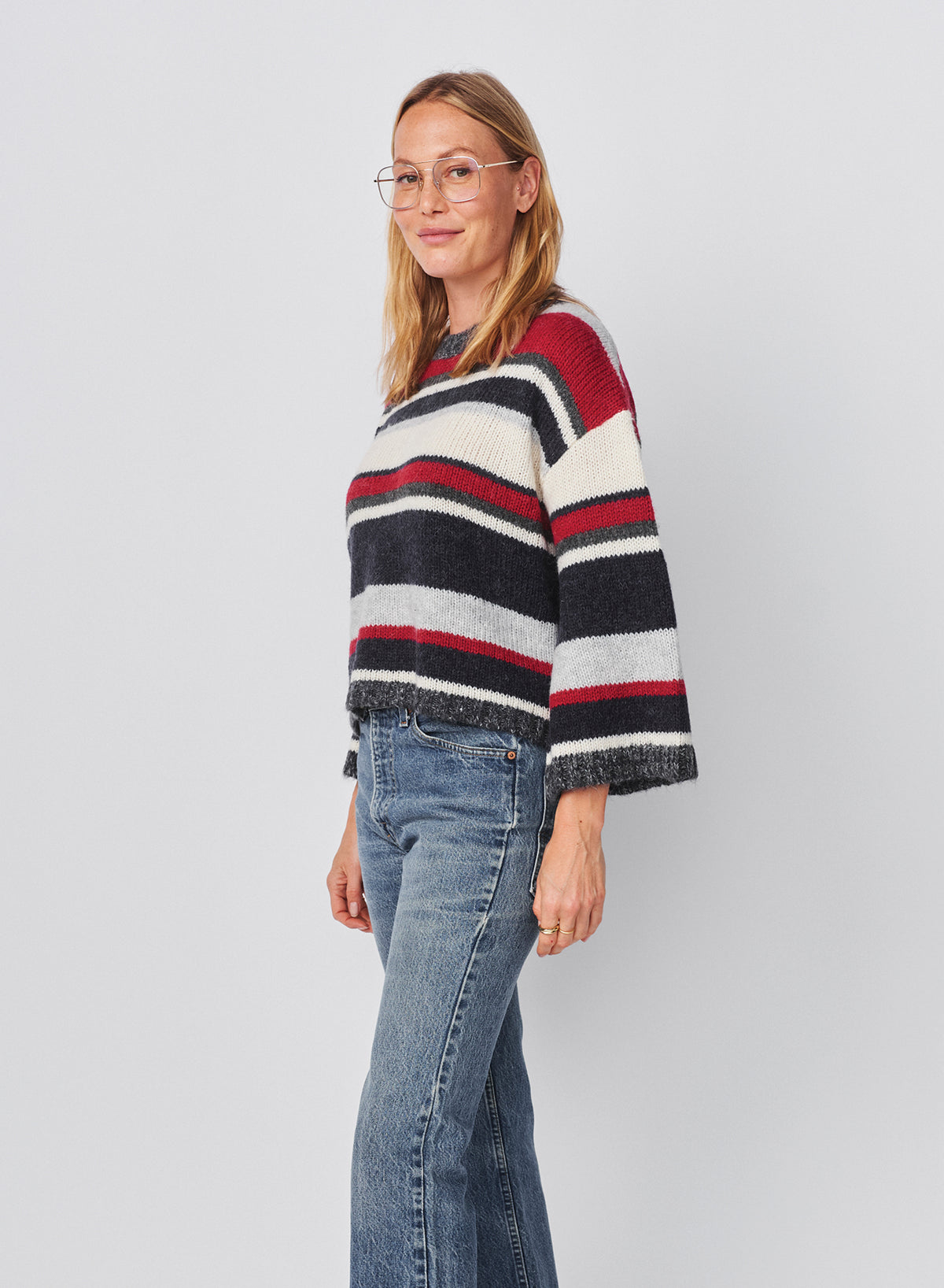 Sundry Multi Stripe Bell Sleeve Sweater in Oyster