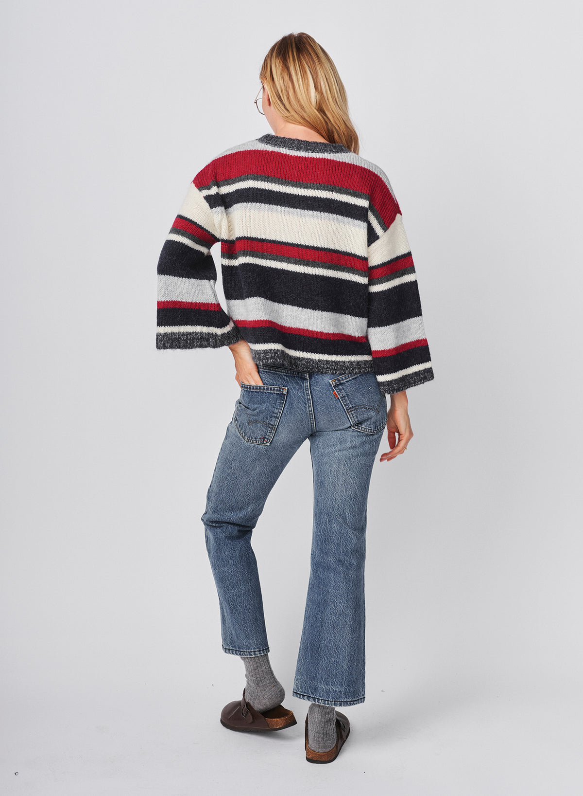 Sundry Multi Stripe Bell Sleeve Sweater in Oyster