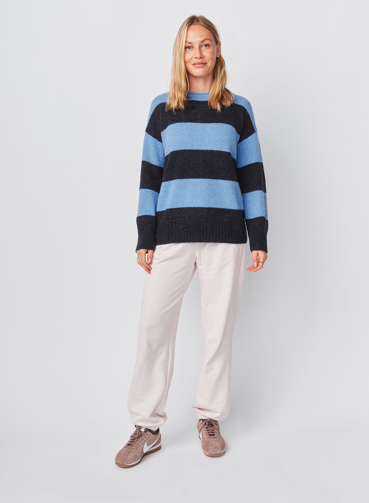 Sundry Bold Stripe Tunic Sweater With Embroidery in Blue Ice