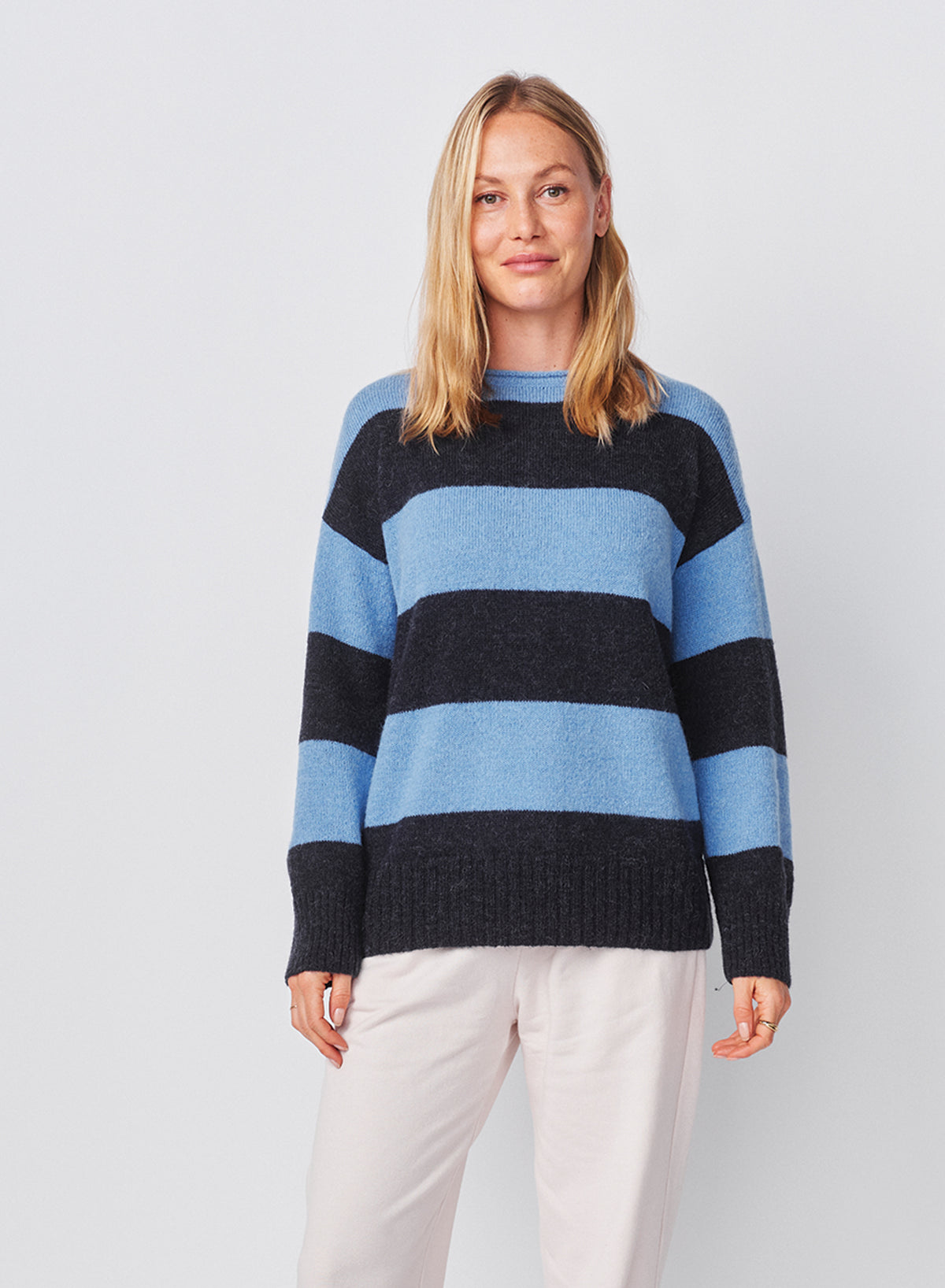 Sundry Bold Stripe Tunic Sweater With Embroidery in Blue Ice