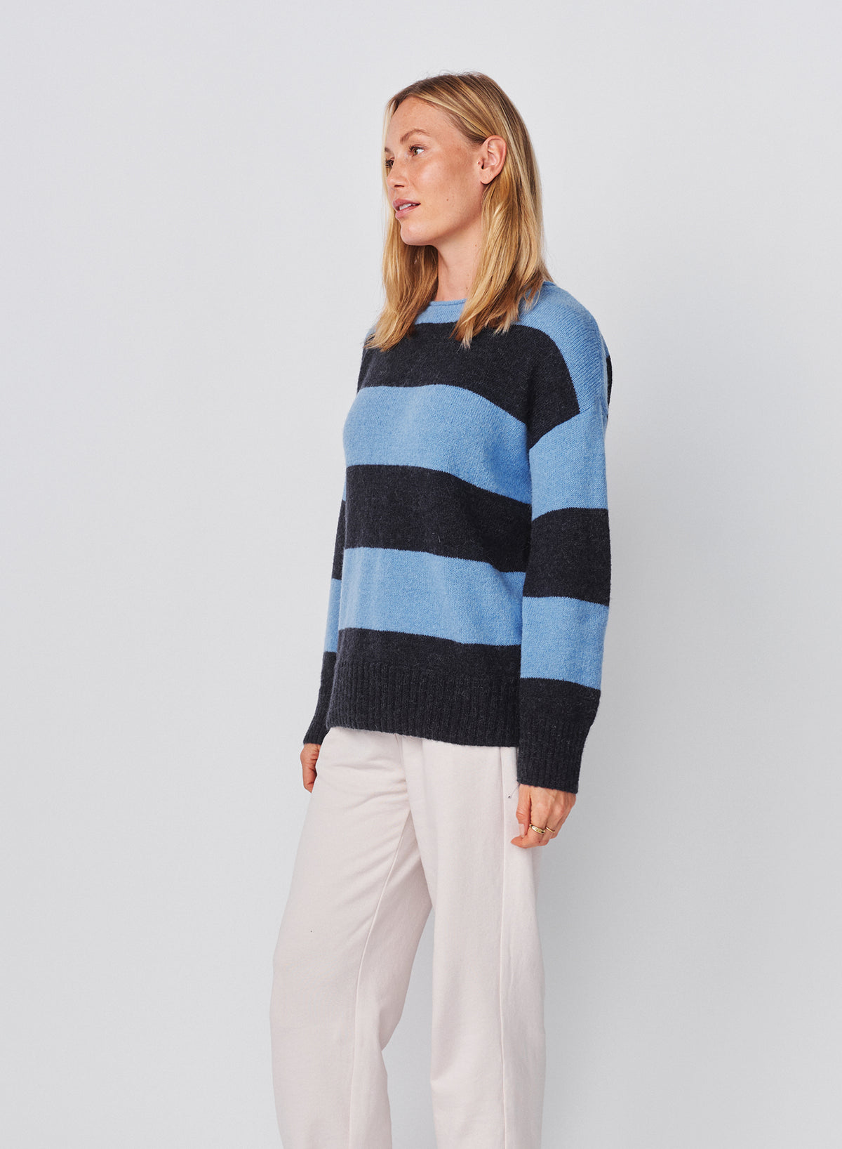 Sundry Bold Stripe Tunic Sweater With Embroidery in Blue Ice