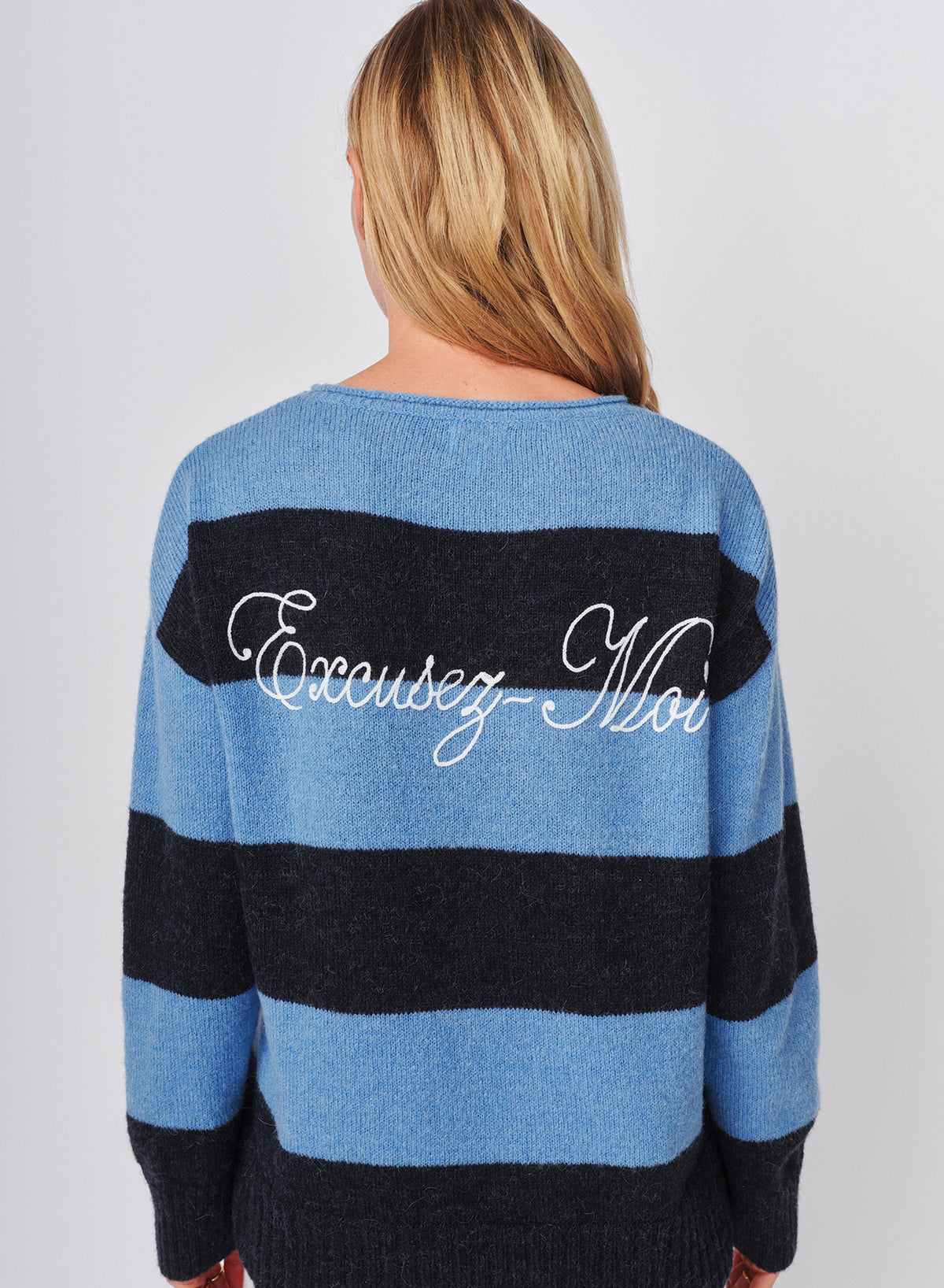 Sundry Bold Stripe Tunic Sweater With Embroidery in Blue Ice