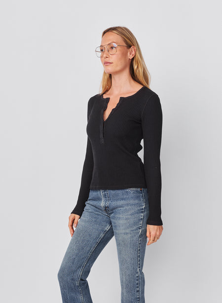 Sundry Long Sleeve Henley in Washed Black