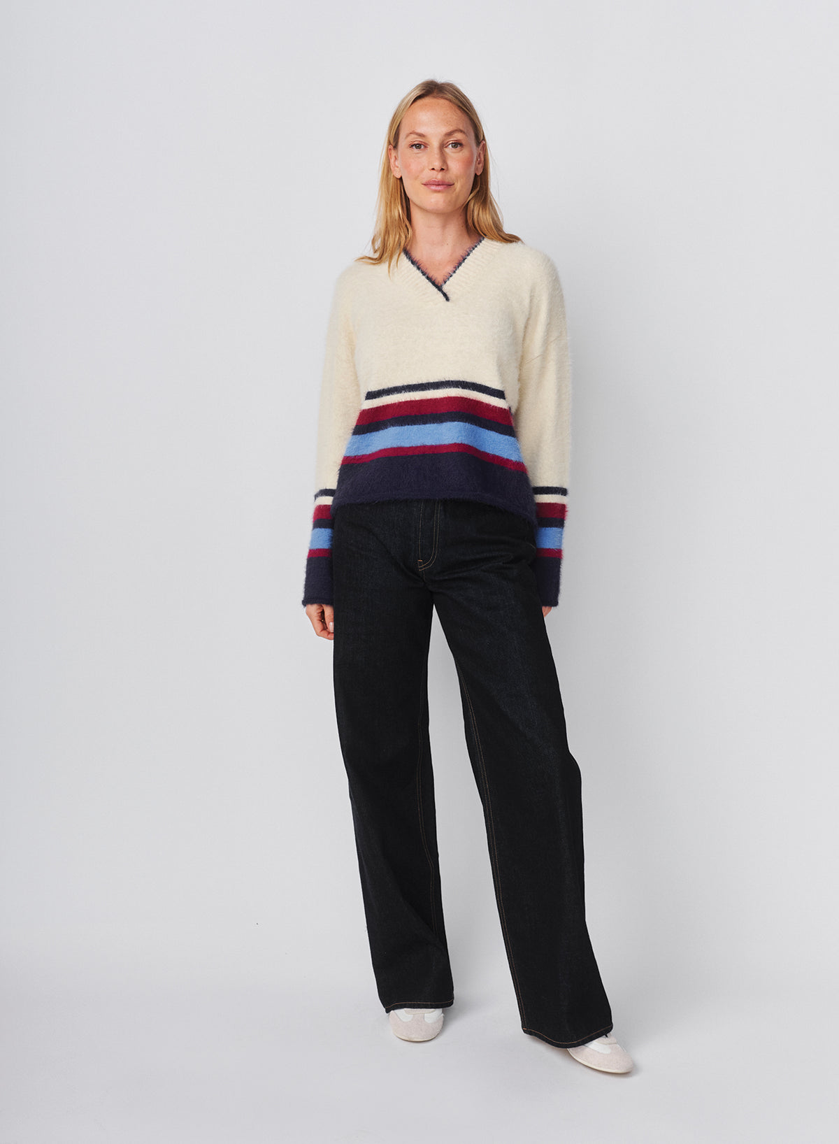 Sundry Furry Border Stripe V-Neck Sweater in Oyster
