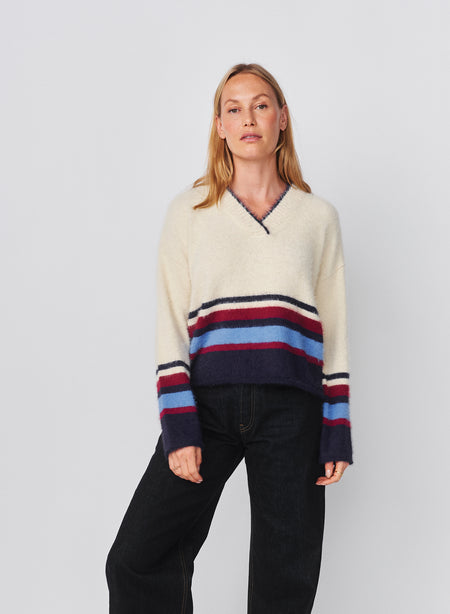 Sundry Furry Border Stripe V-Neck Sweater in Oyster