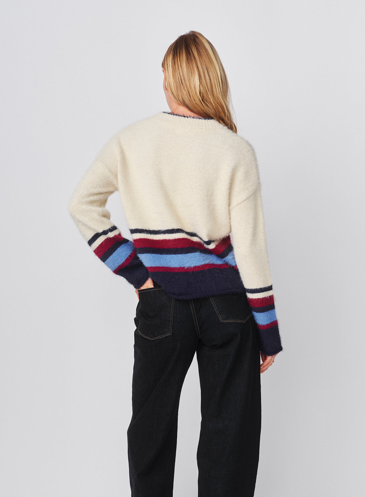 Sundry Furry Border Stripe V-Neck Sweater in Oyster