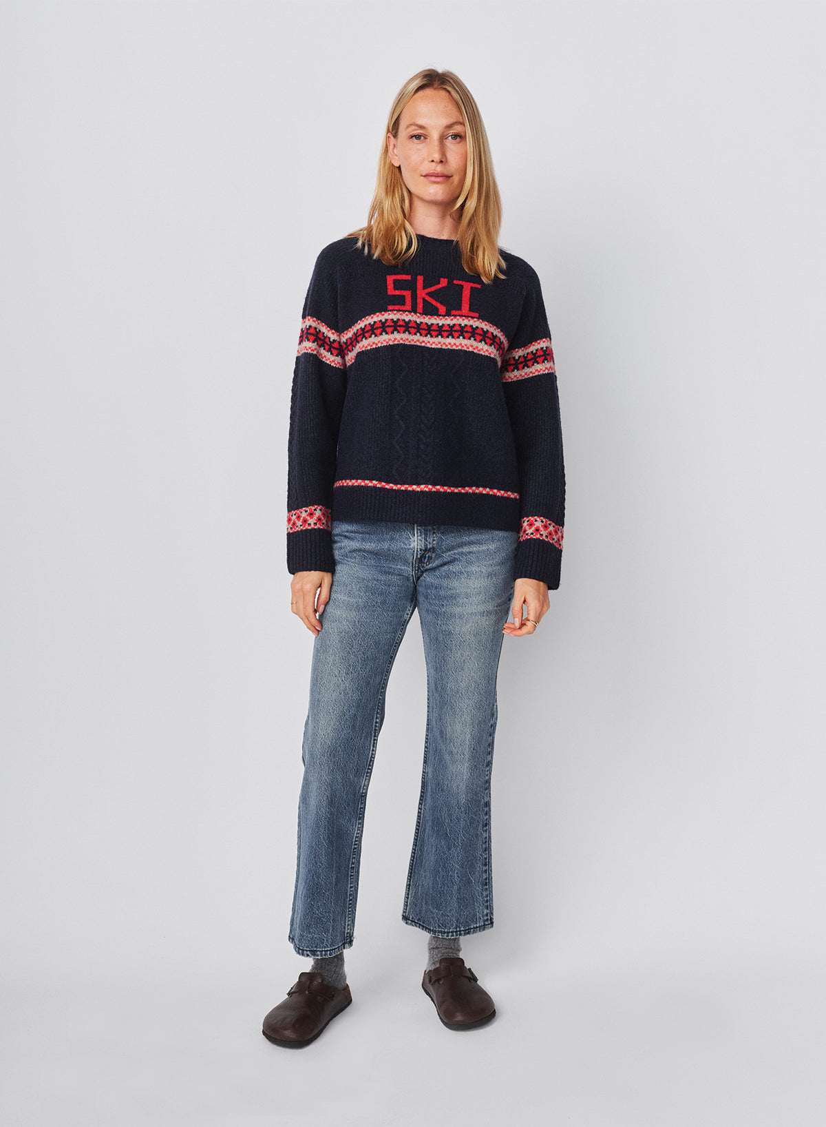 Sundry Jacquard &amp; Cable Pullover Sweater in Deep Navy