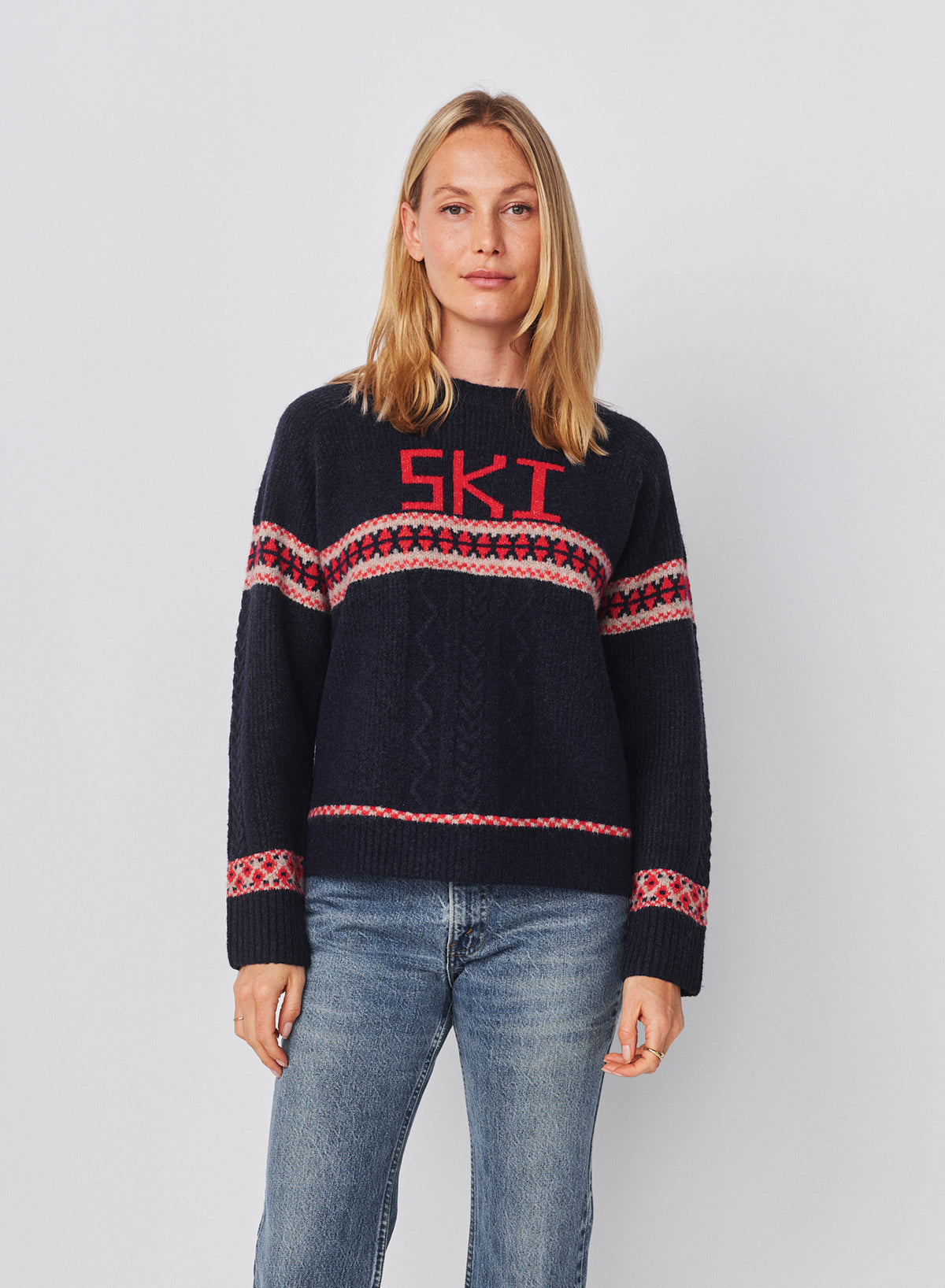 Sundry Jacquard &amp; Cable Pullover Sweater in Deep Navy