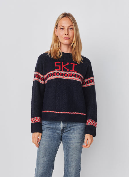 Sundry Jacquard & Cable Pullover Sweater in Deep Navy