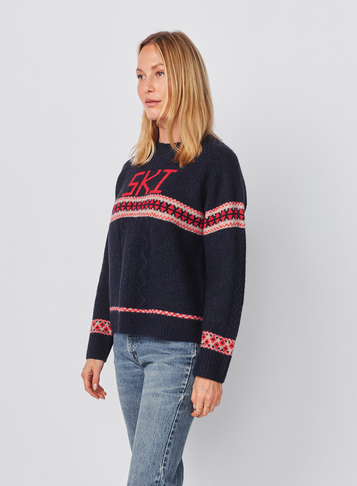 Sundry Jacquard &amp; Cable Pullover Sweater in Deep Navy