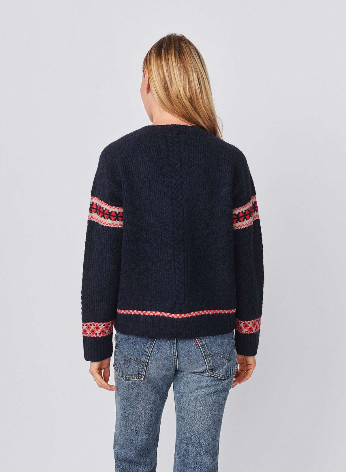 Sundry Jacquard &amp; Cable Pullover Sweater in Deep Navy