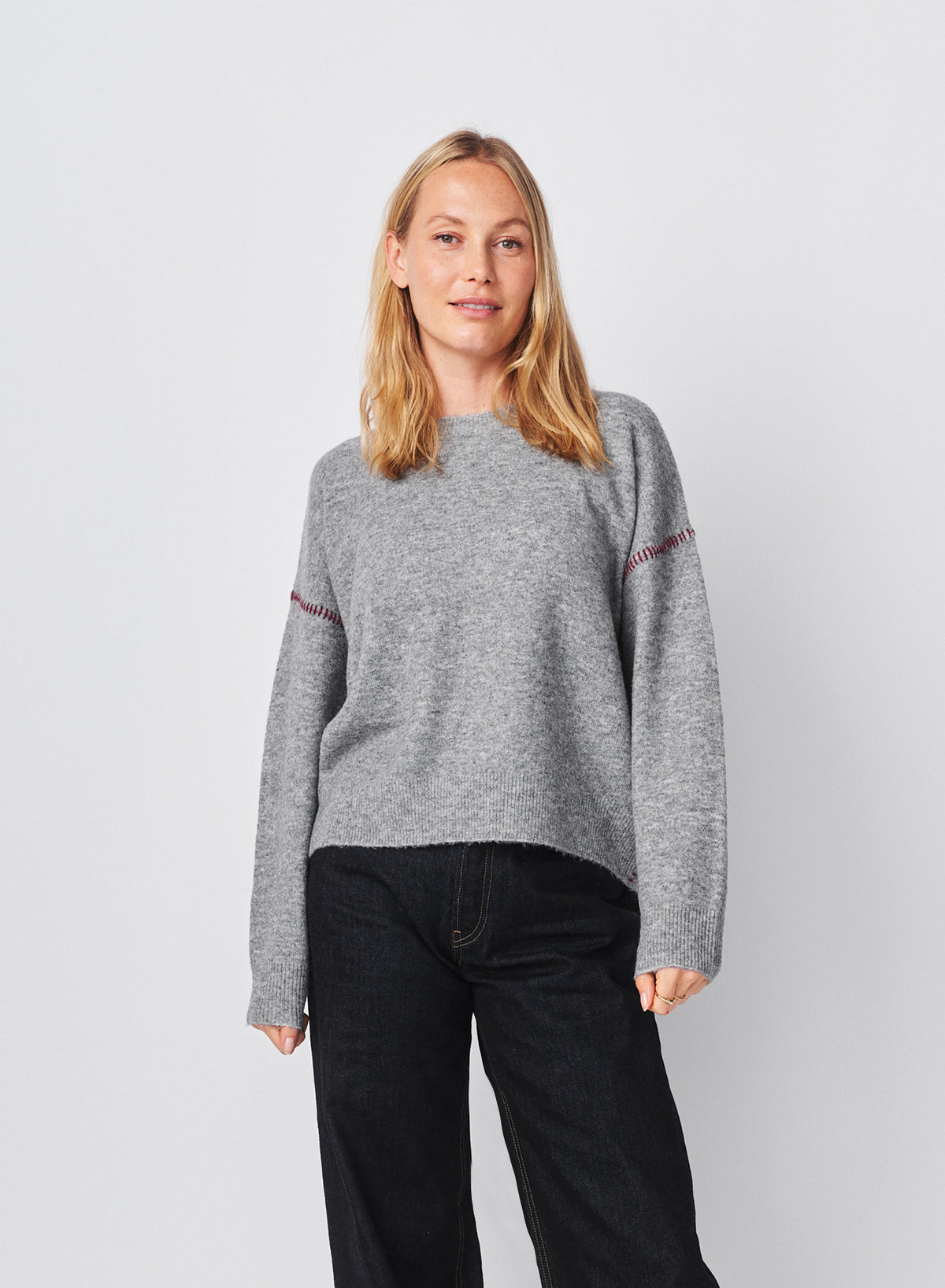Sundry Baseball Stitch Pullover Sweater in Heather Grey