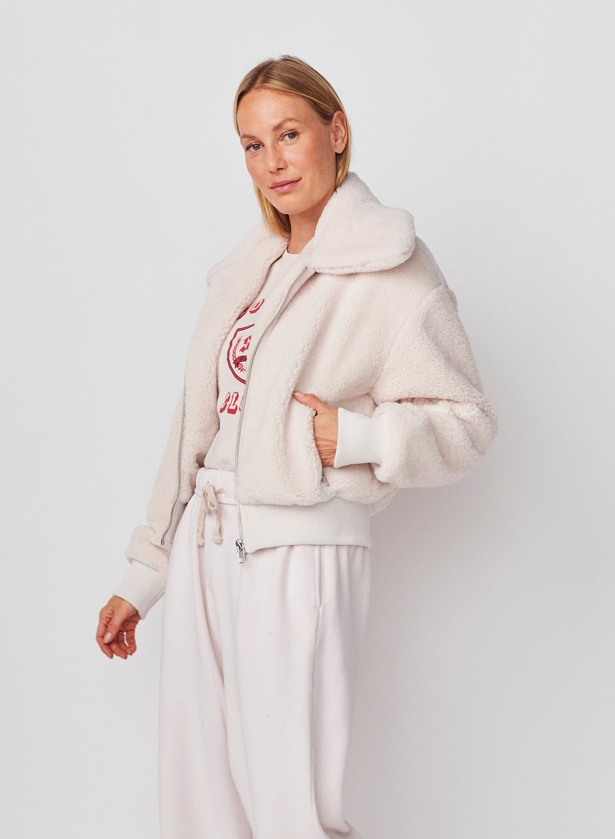 Sundry Sherpa Outerwear Bomber in Oyster