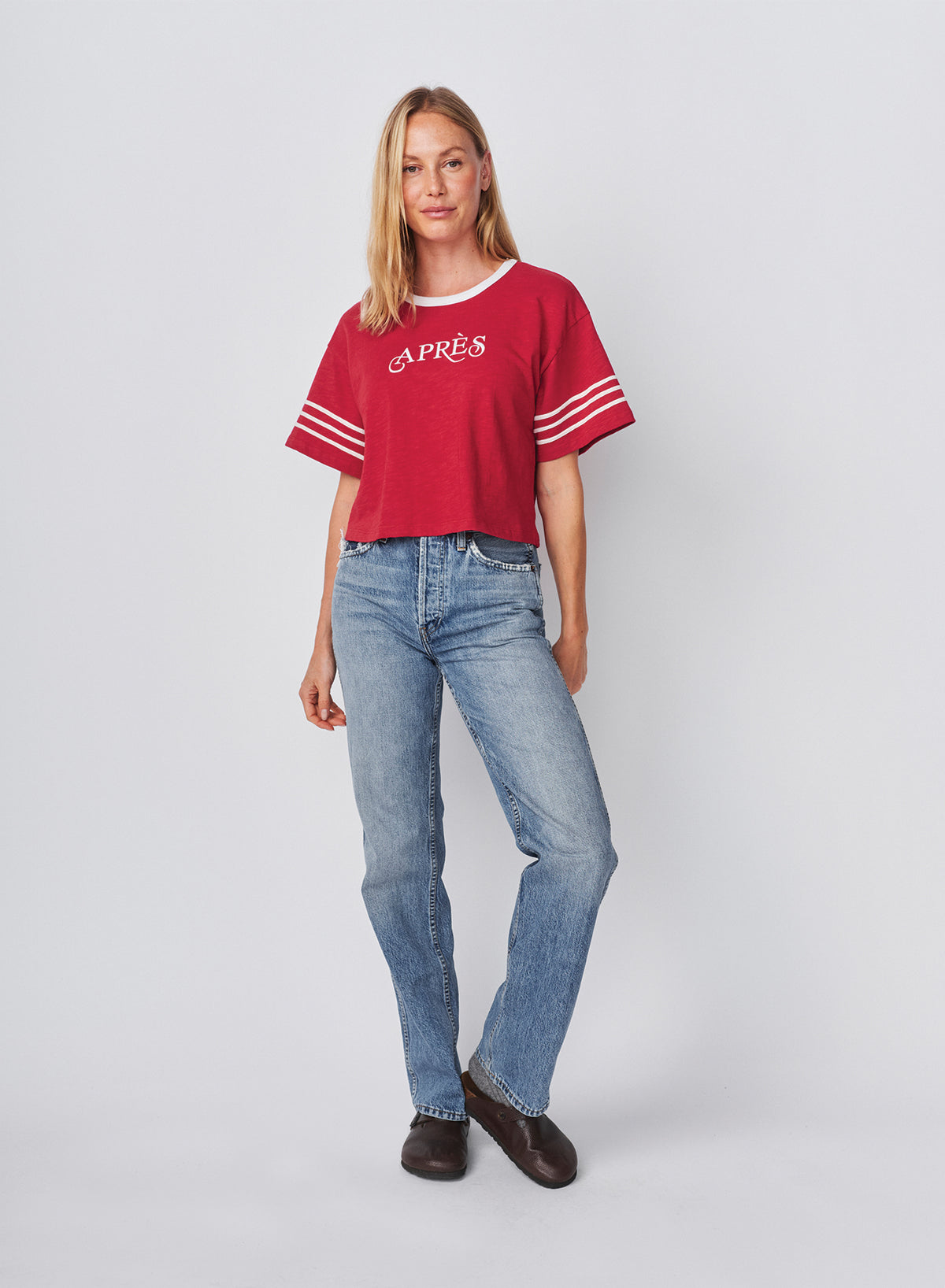 Sundry Apres Cropped Rugby Tee in Vintage Red