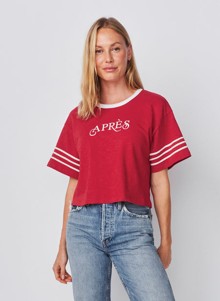 Sundry Apres Cropped Rugby Tee in Vintage Red