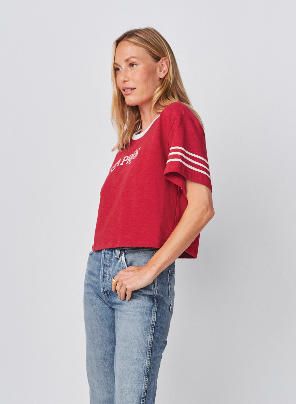 Sundry Apres Cropped Rugby Tee in Vintage Red