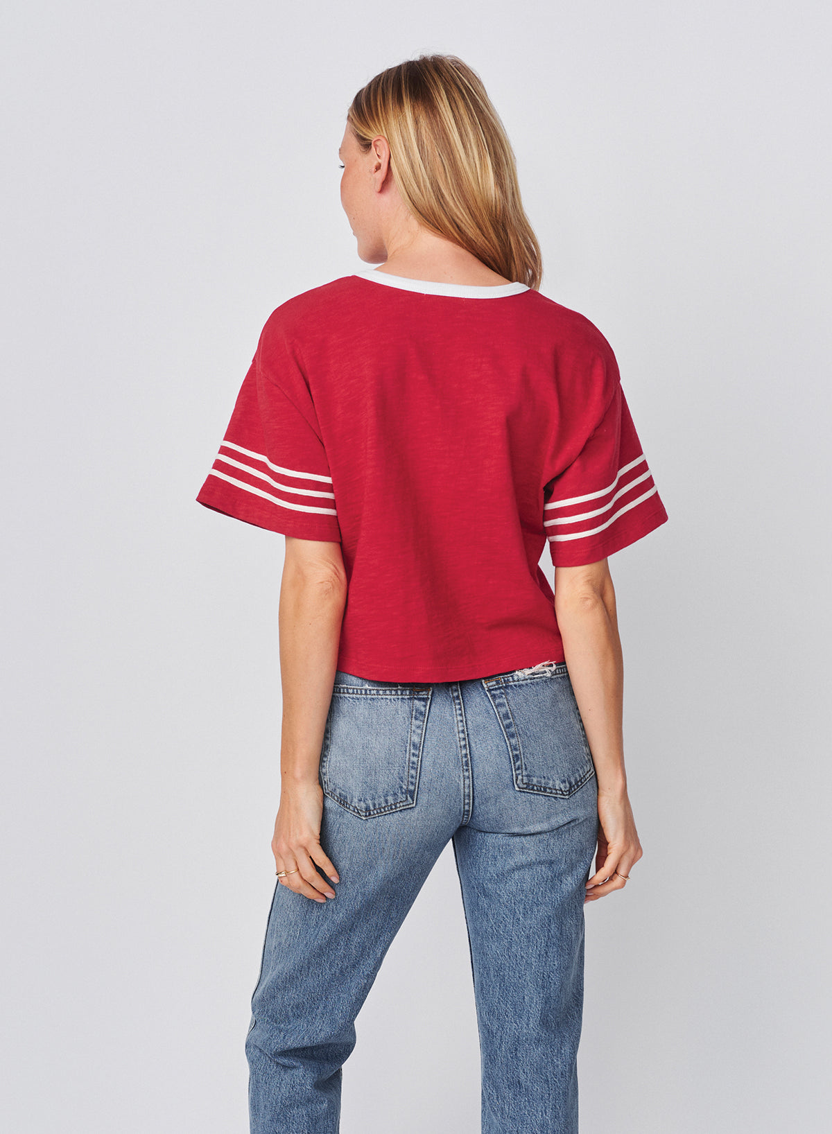 Sundry Apres Cropped Rugby Tee in Vintage Red