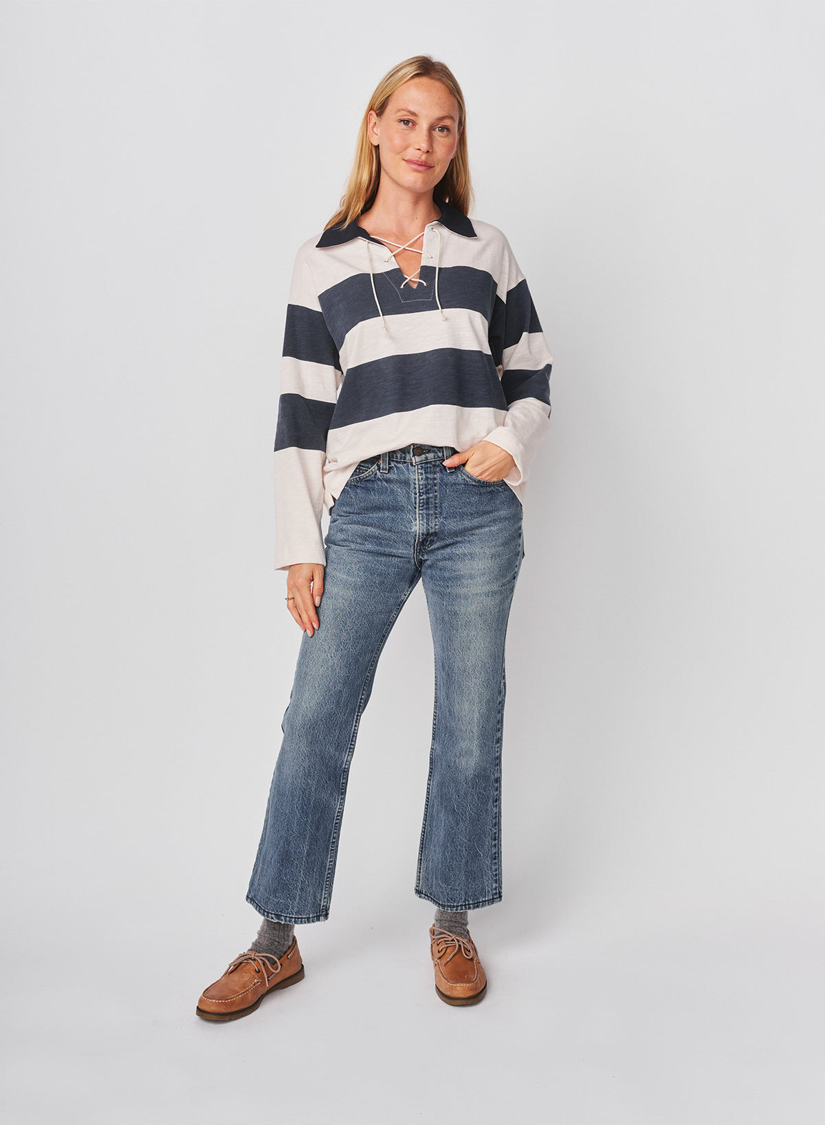 Sundry Rugby Stripe Tie Polo in Oyster / Navy