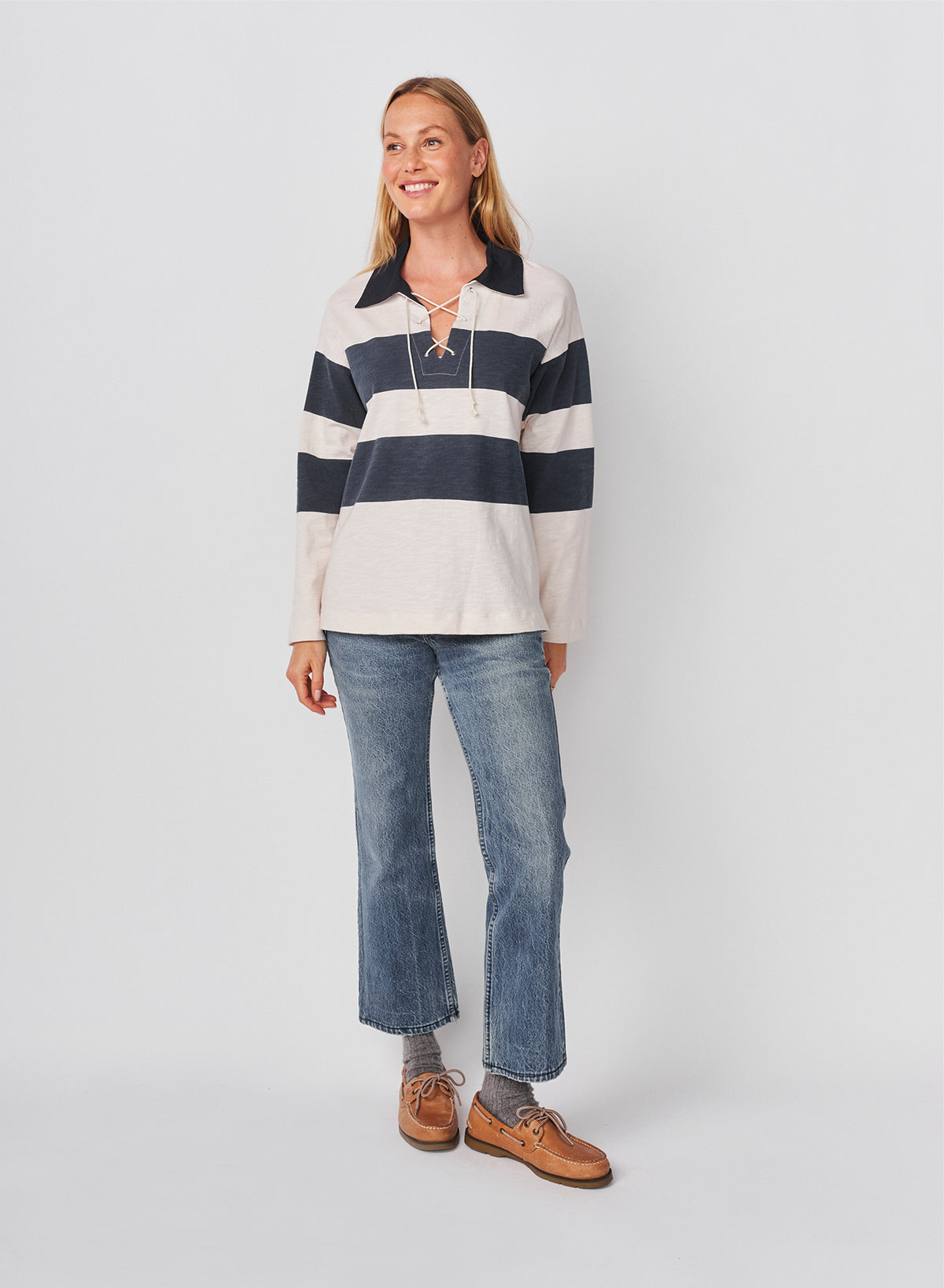 Sundry Rugby Stripe Tie Polo in Oyster / Navy