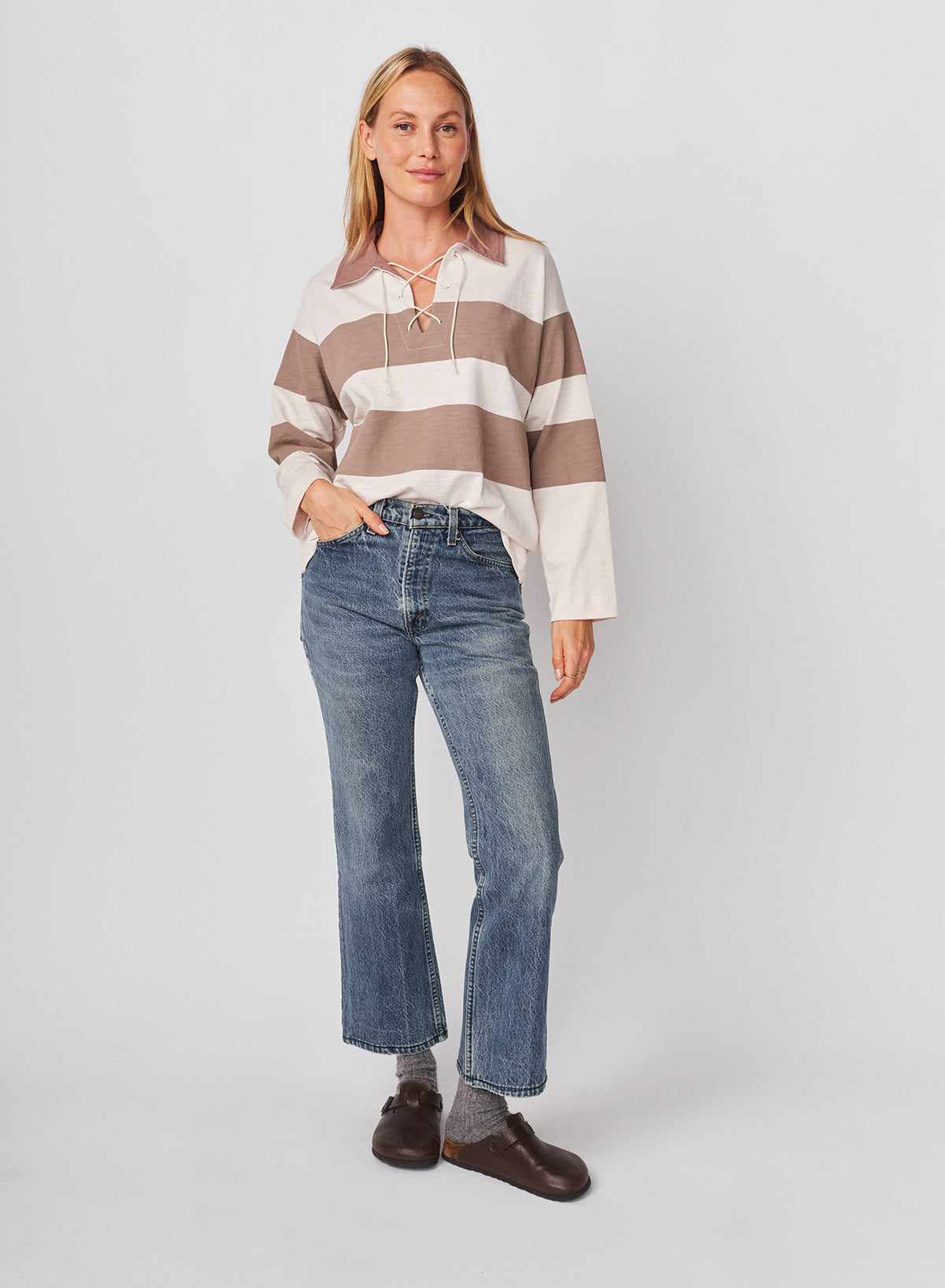 Sundry Rugby Stripe Tie Polo in Oyster / Mushroom