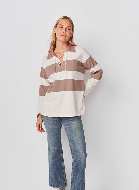 Sundry Rugby Stripe Tie Polo in Oyster / Mushroom