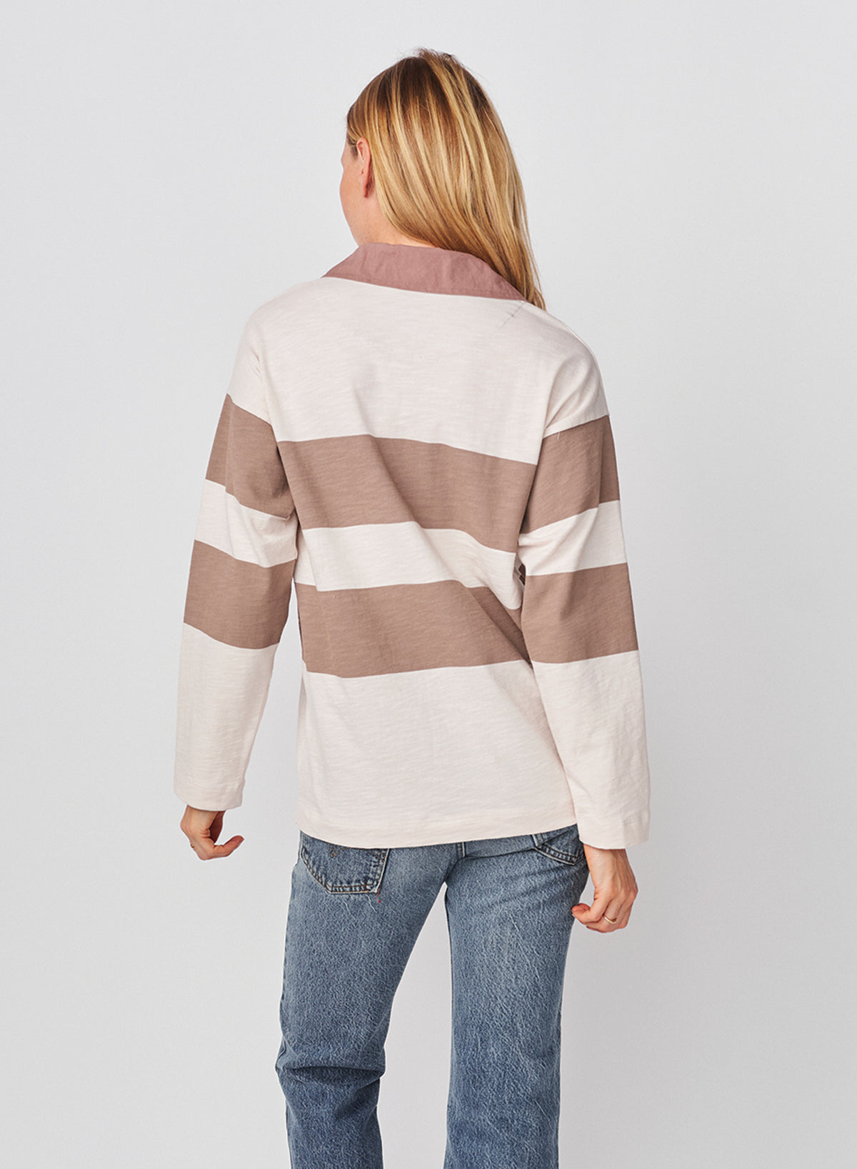 Sundry Rugby Stripe Tie Polo in Oyster / Mushroom