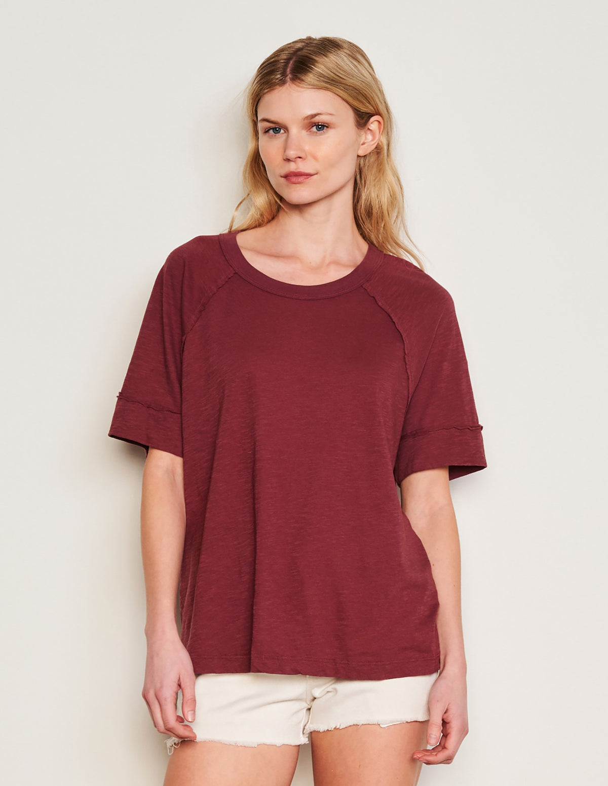 Sundry Boyfriend Tee in Merlot-3/4 front view
