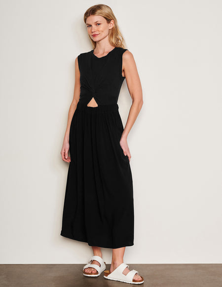 Sundry Midi Mixed Media Dress in Black-front back view