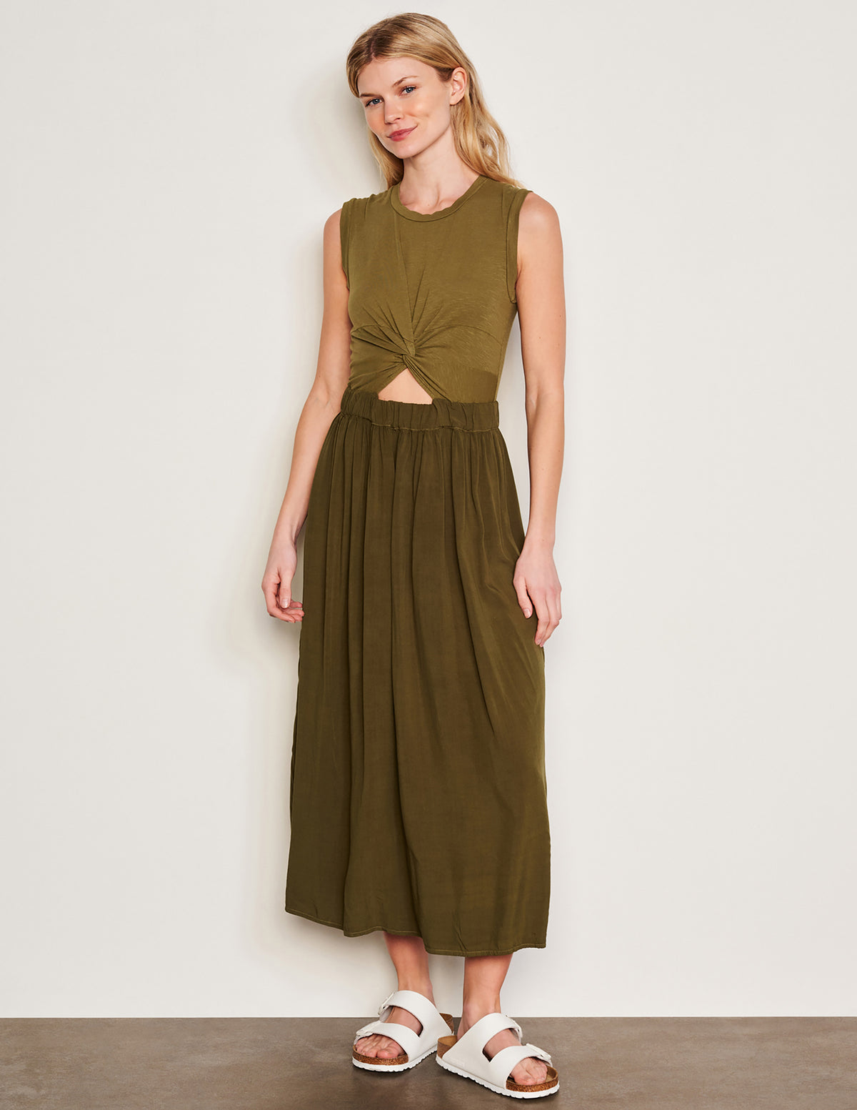 Sundry Midi Mixed Media Dress in Olive-front view